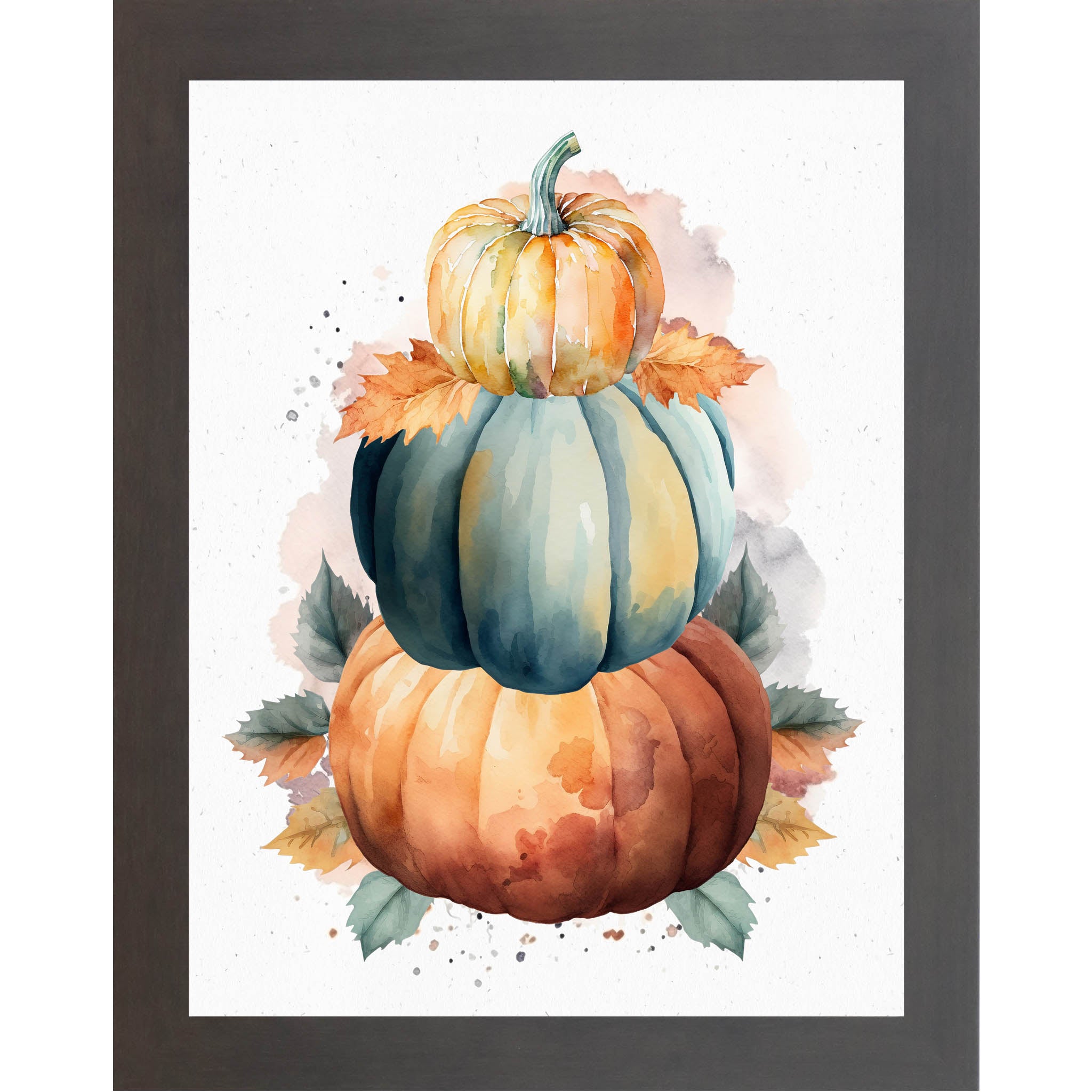 Slatewood framed portrait fall wall art featuring three stacked watercolor pumpkins in bold orange teal and golden yellow with amber green and rust fall leaves on soft white background — NS393
