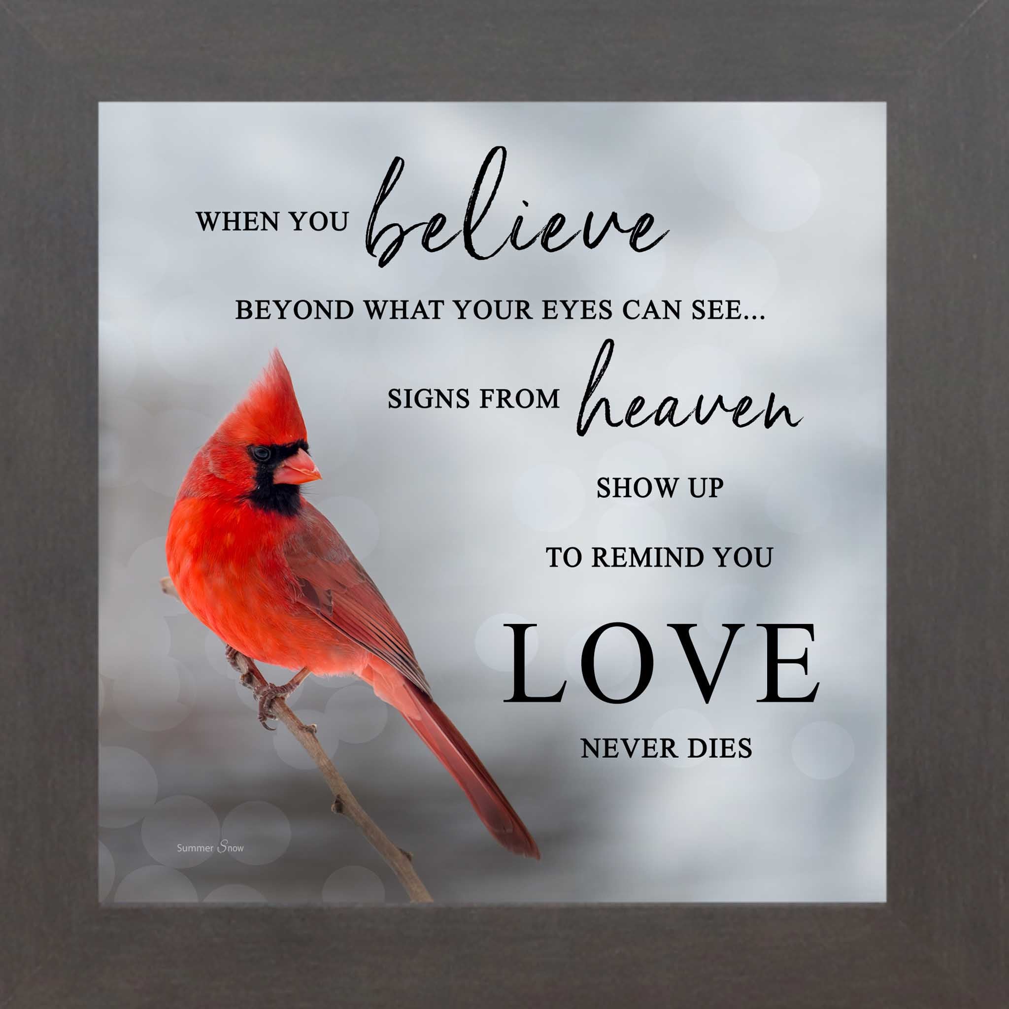 Slatewood framed square cardinal sympathy wall art featuring a photorealistic red cardinal in silver gray mist with the words "When You Believe Beyond What Your Eyes Can See Signs From Heaven Show Up to Remind You Love Never Dies" — SA26