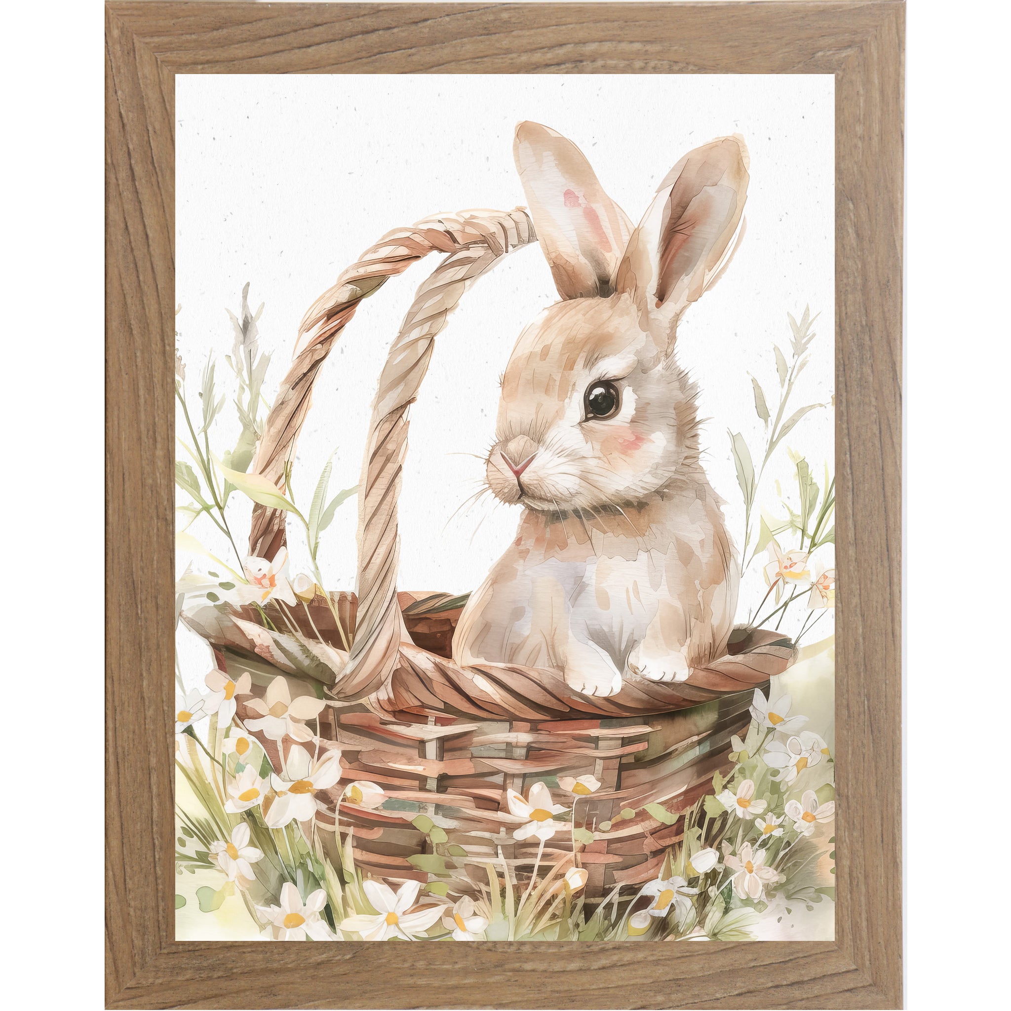 Watercolor bunny standing in a woven basket surrounded by spring flowers, soft neutral Easter and nursery wall art