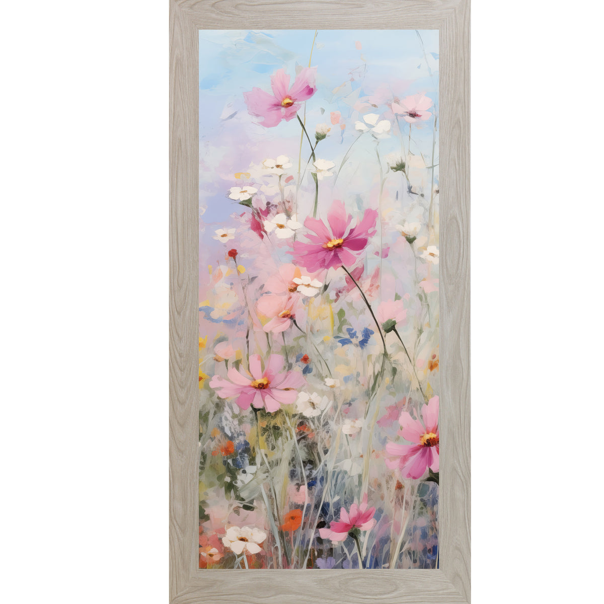 Vertical framed spring floral wall art featuring pastel pink and white wildflowers with soft green stems and a light blue watercolor sky background