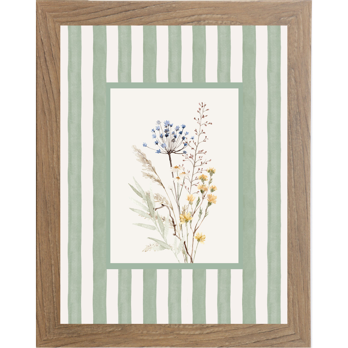 Framed spring wall art featuring soft green vertical stripes with a centered off-white box containing delicate pastel floral stems in blue, yellow, and neutral tones