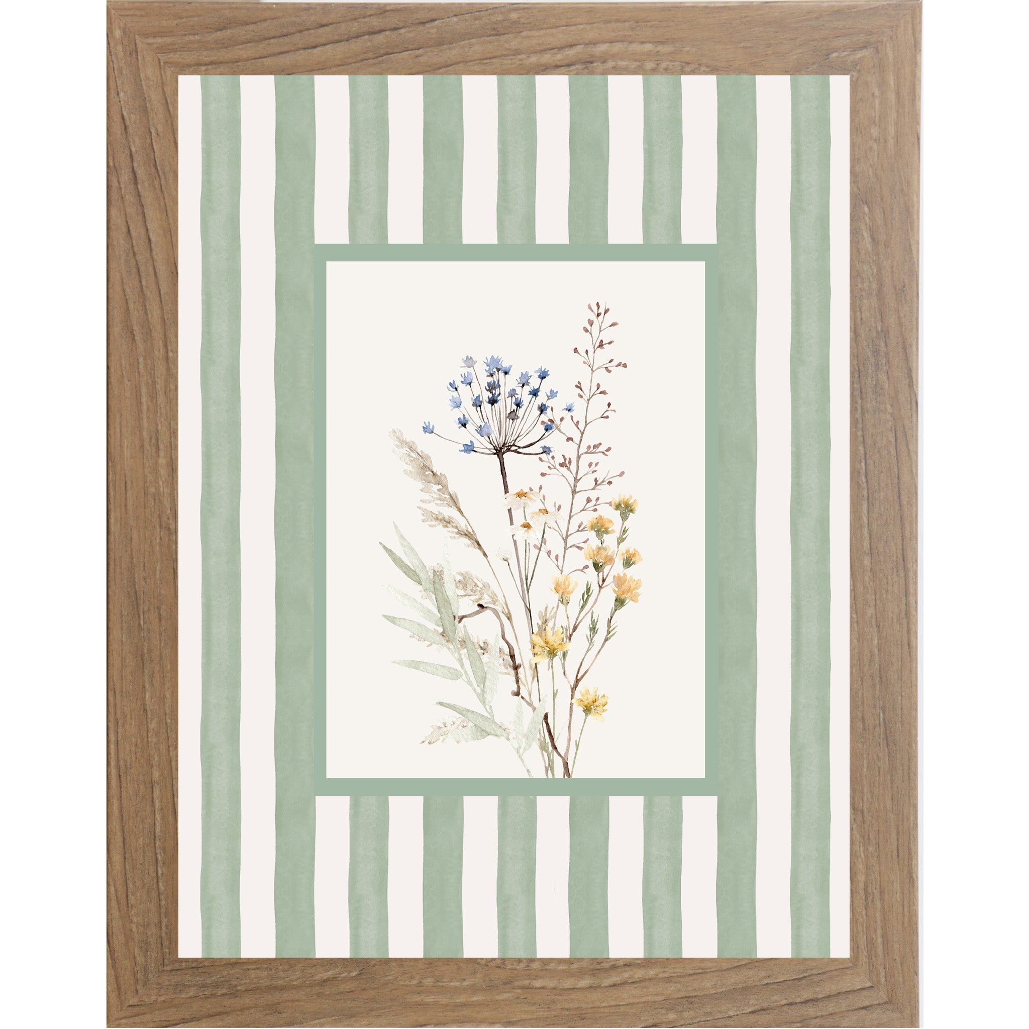 Framed spring wall art featuring soft green vertical stripes with a centered off-white box containing delicate pastel floral stems in blue, yellow, and neutral tones