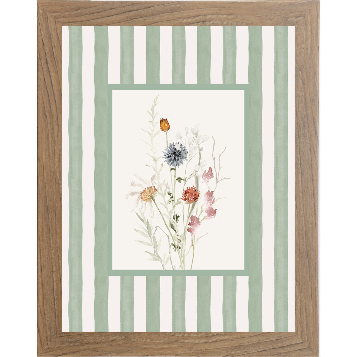 Framed spring wall art with soft green vertical stripes and a centered off-white box featuring delicate watercolor florals in muted blue, blush, and warm neutral tones