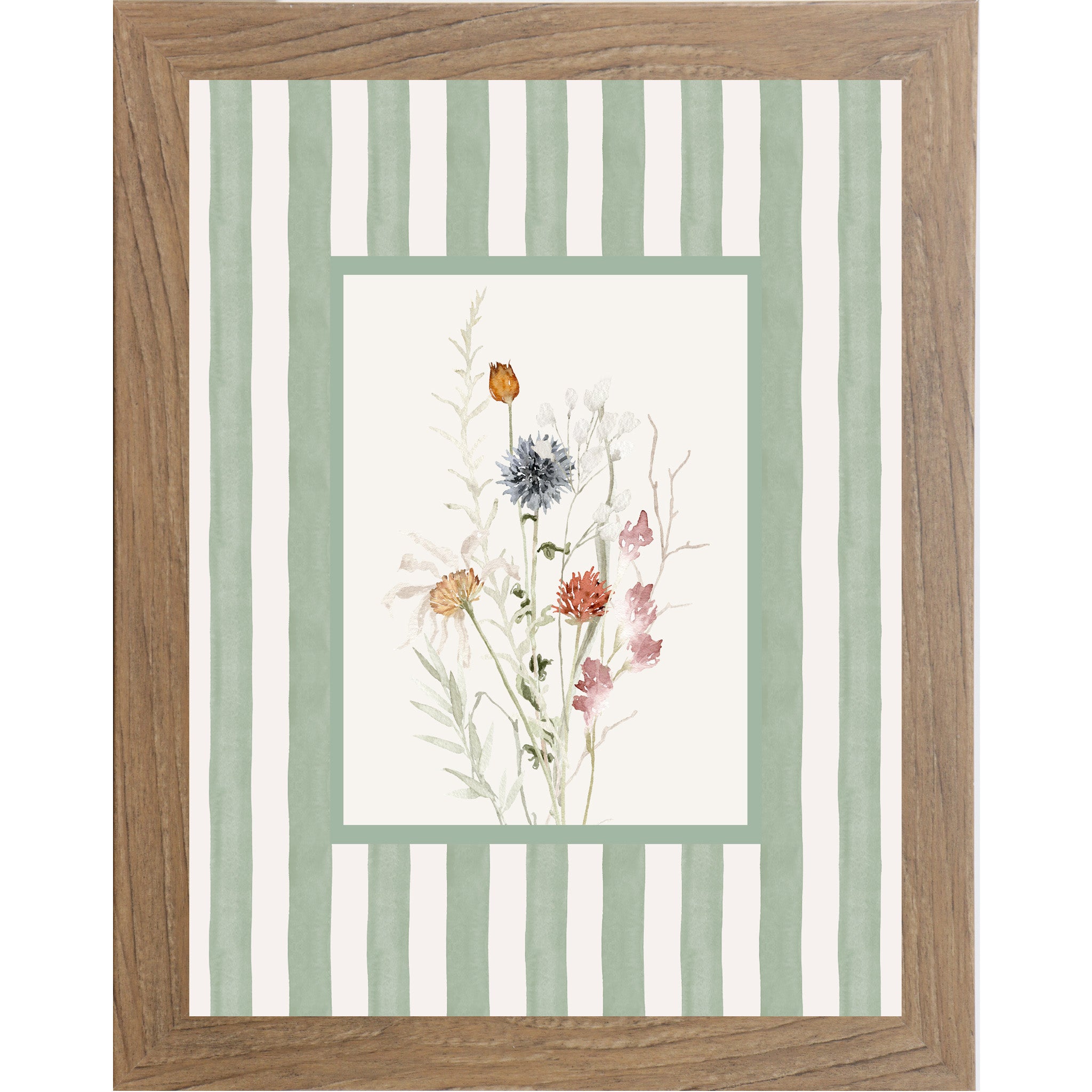 Framed spring wall art with soft green vertical stripes and a centered off-white box featuring delicate watercolor florals in muted blue, blush, and warm neutral tones