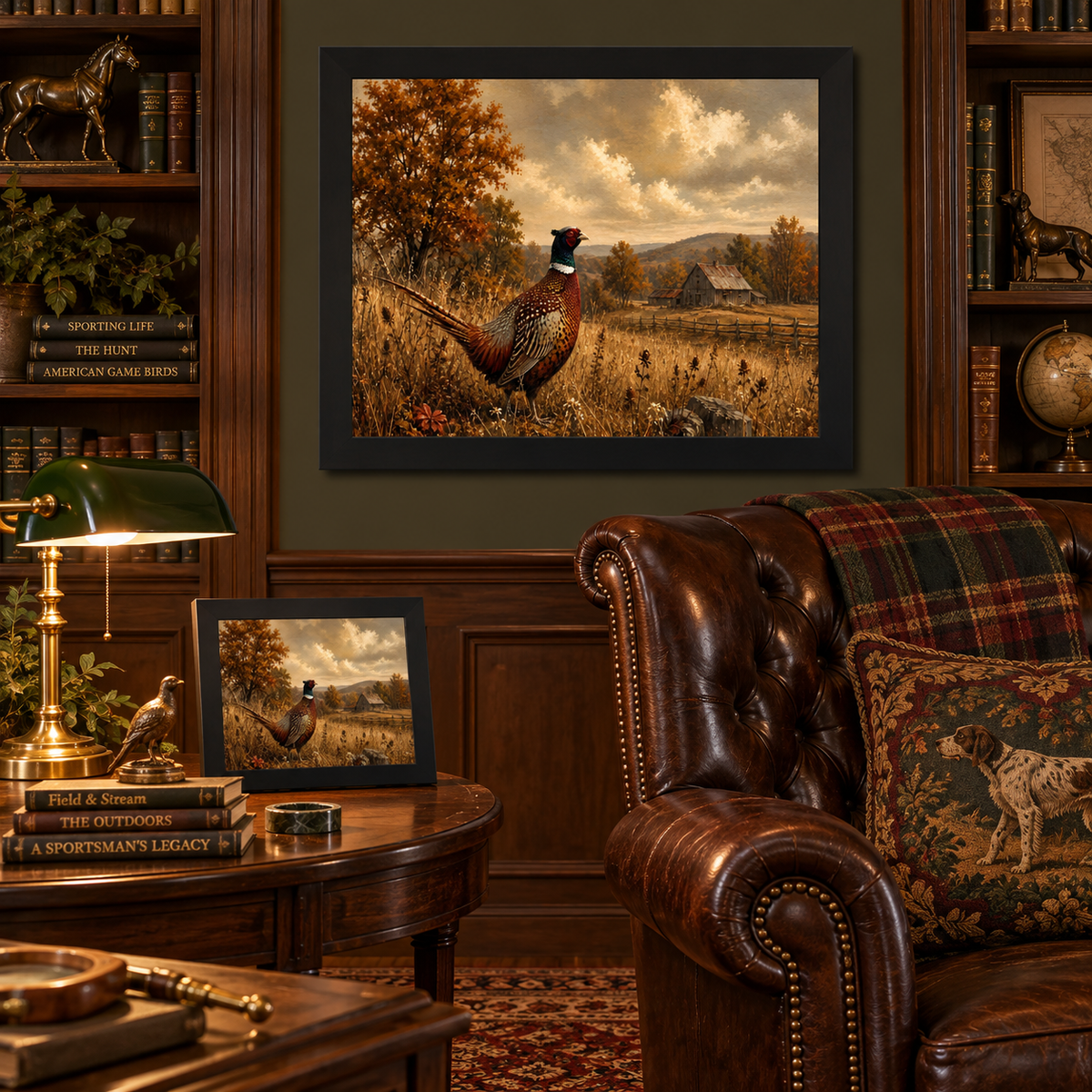 Black framed vintage pheasant sporting art displayed above a leather chesterfield chair in a traditional study with built-in bookshelves, a brass banker's lamp, sporting-themed books, and a matching smaller piece on a wood side table with a bird figurine