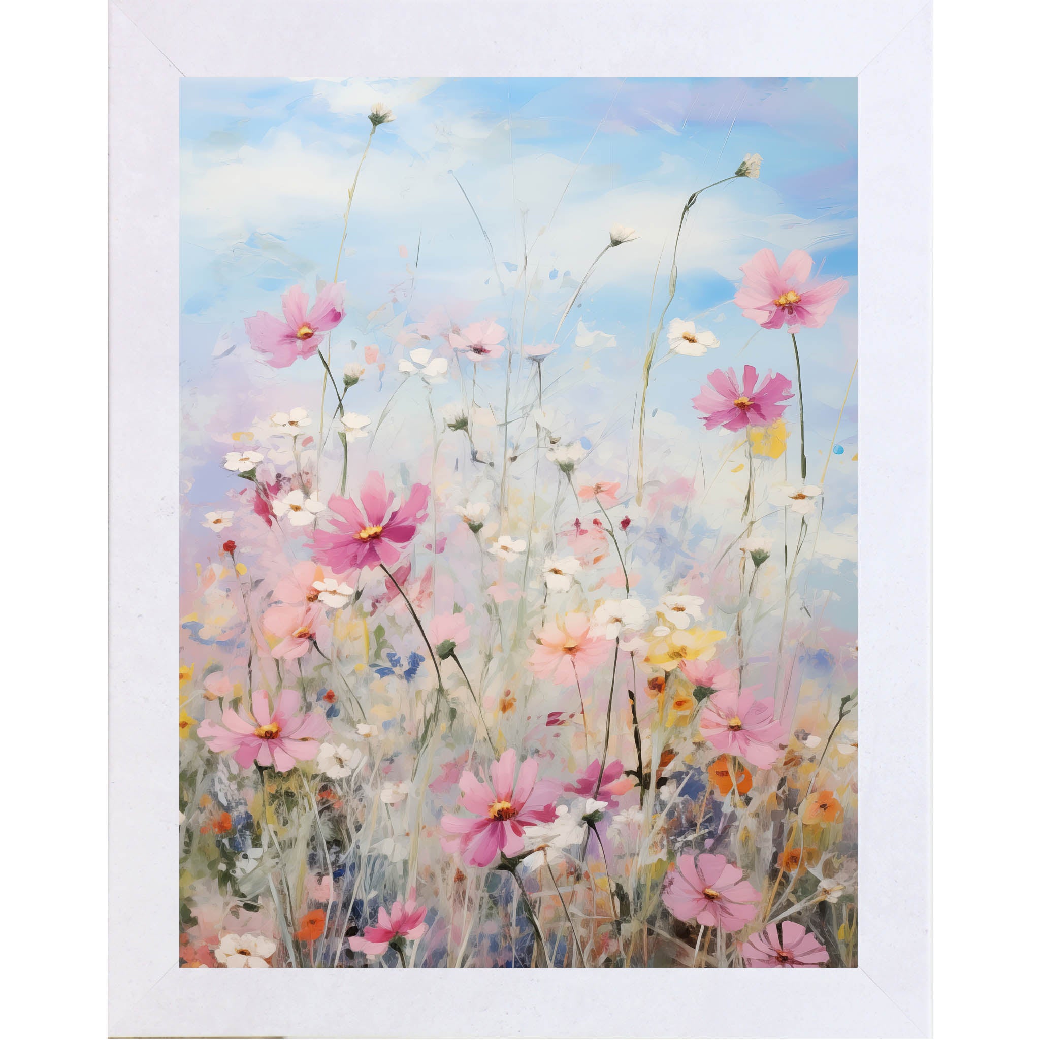 Spring Wildflower Meadow – Pastel Floral Framed Wall Art | Soft Blue & Pink Botanical Decor (SB126)