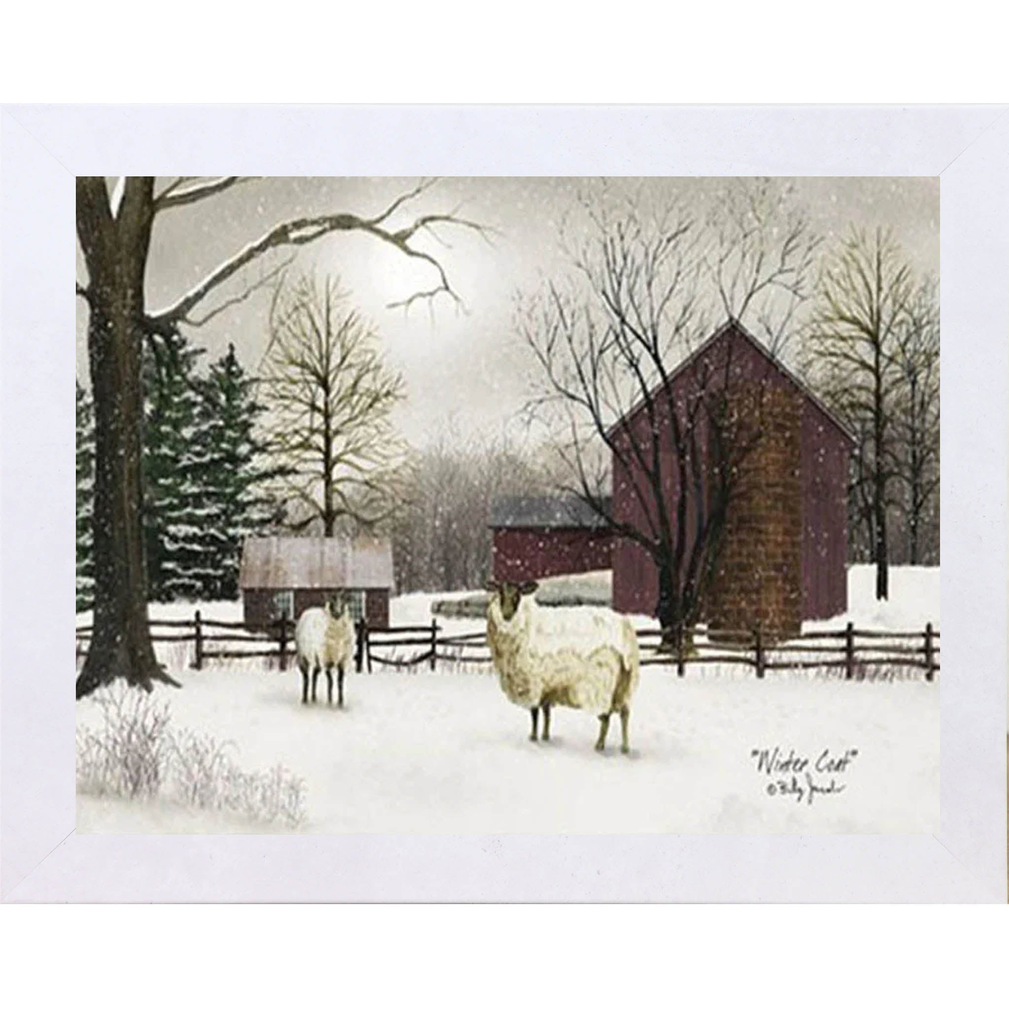 Winter Coat by Artist Billy Jacobs – Winter Farm Barn Framed Wall Art with Sheep (BJ185) - Summer Snow Art