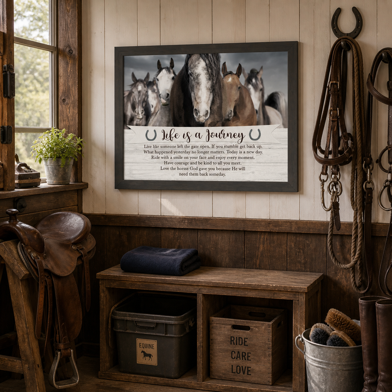 Slatewood framed horizontal equestrian wall art displaying Life is a Journey horse herd quote mounted on shiplap walls in an authentic tack room with leather saddle horseshoes bridles and Ride Care Love storage crates