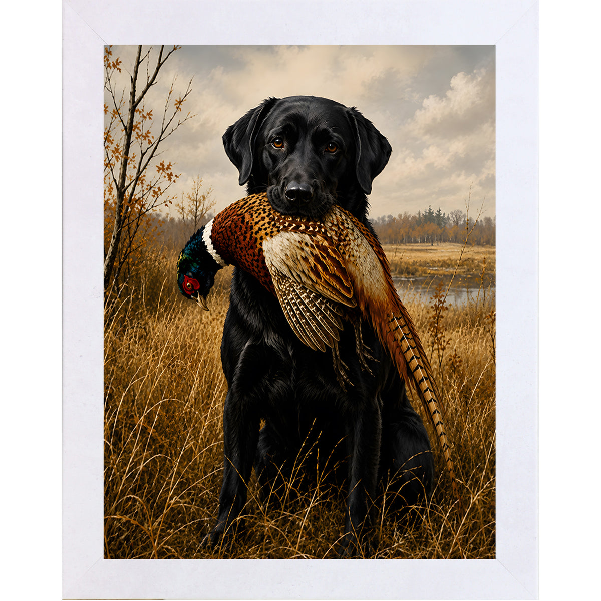 Terracotta White framed portrait heritage hunting dog wall art featuring a black Labrador holding a pheasant in a golden autumn field