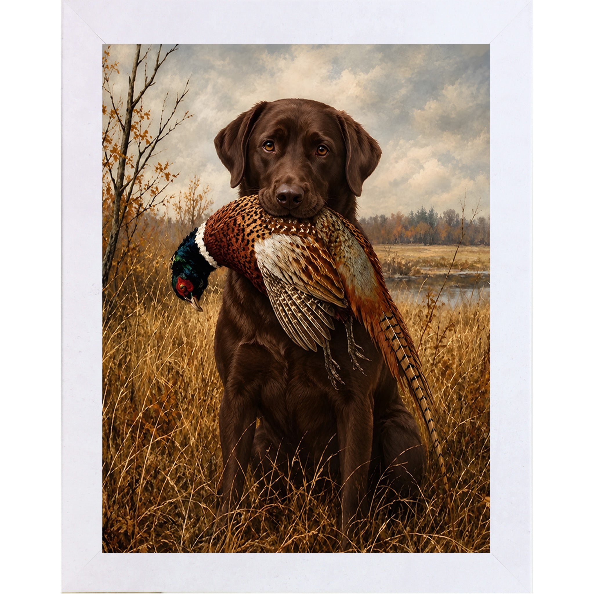 Terracotta White framed portrait heritage hunting dog wall art featuring a chocolate Labrador holding a pheasant in a golden autumn field