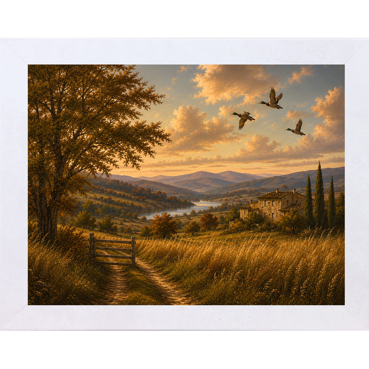 Terracotta White framed landscape vintage sporting wall art featuring mallards flying over a golden river valley with a distant countryside villa