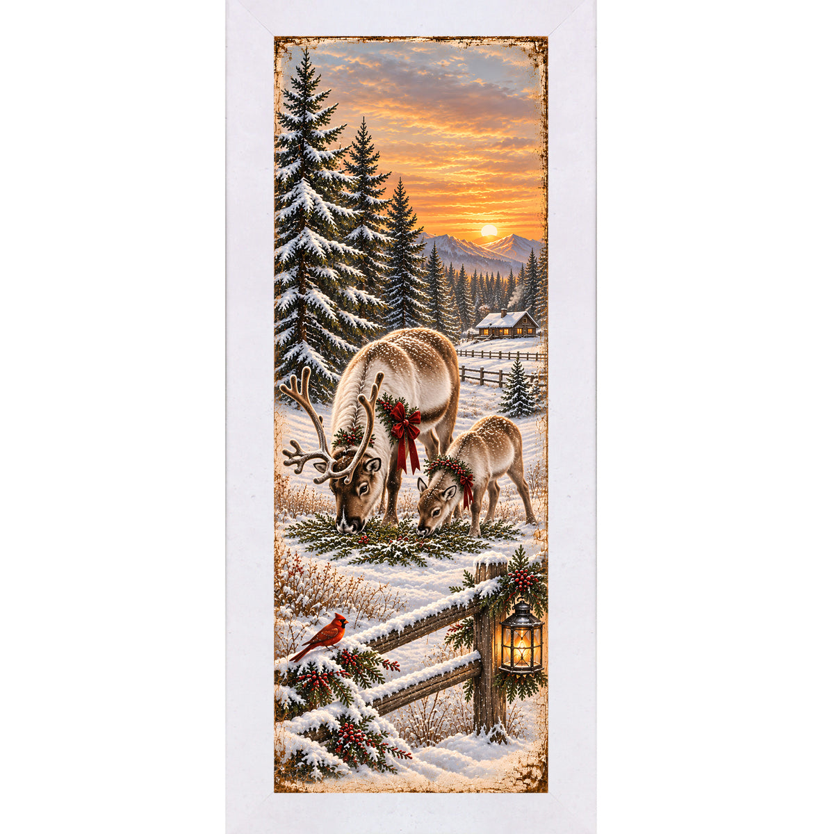 Reindeer and cardinal wall art in terracotta white frame, cardinal on fence with reindeer