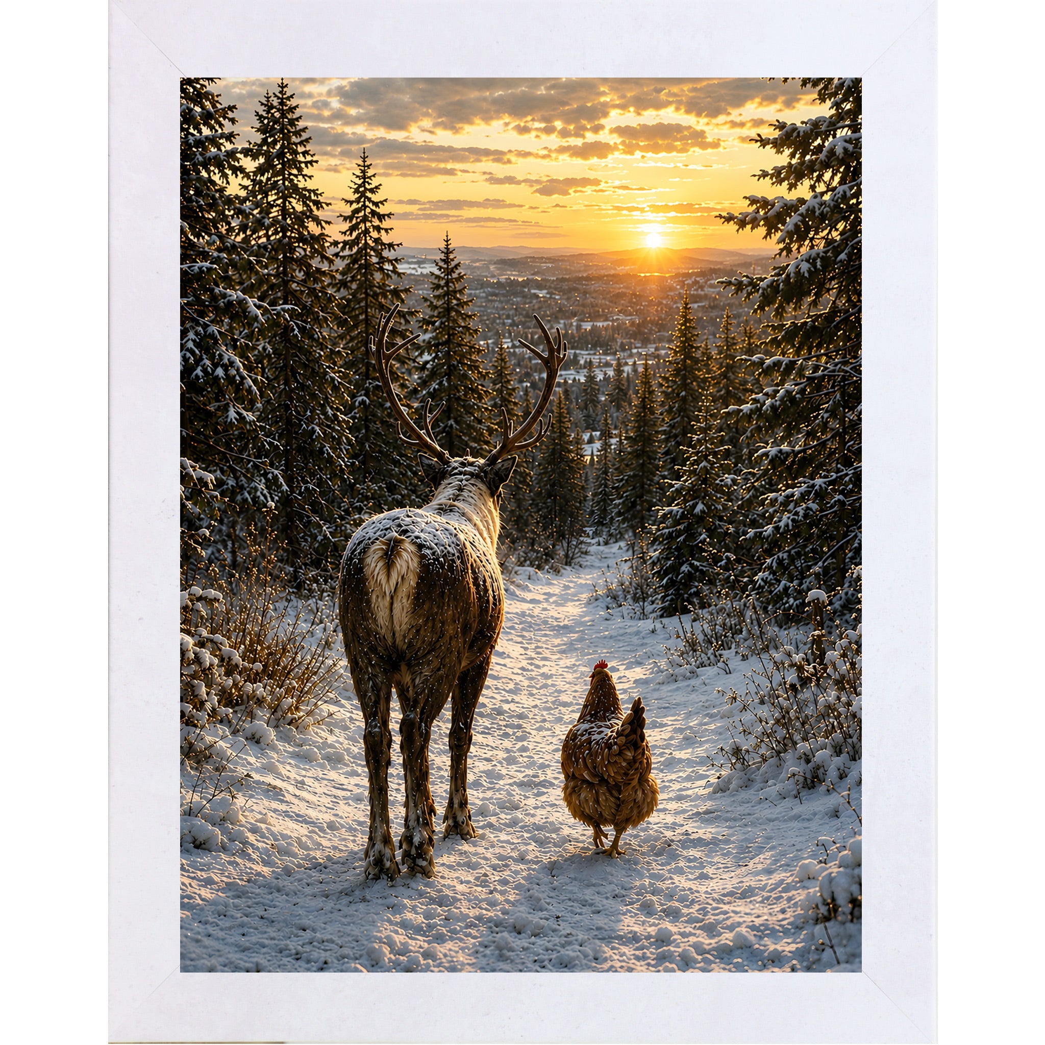Terracotta framed portrait winter wall art featuring a stag and a hen walking down a snowy forest path at golden sunset