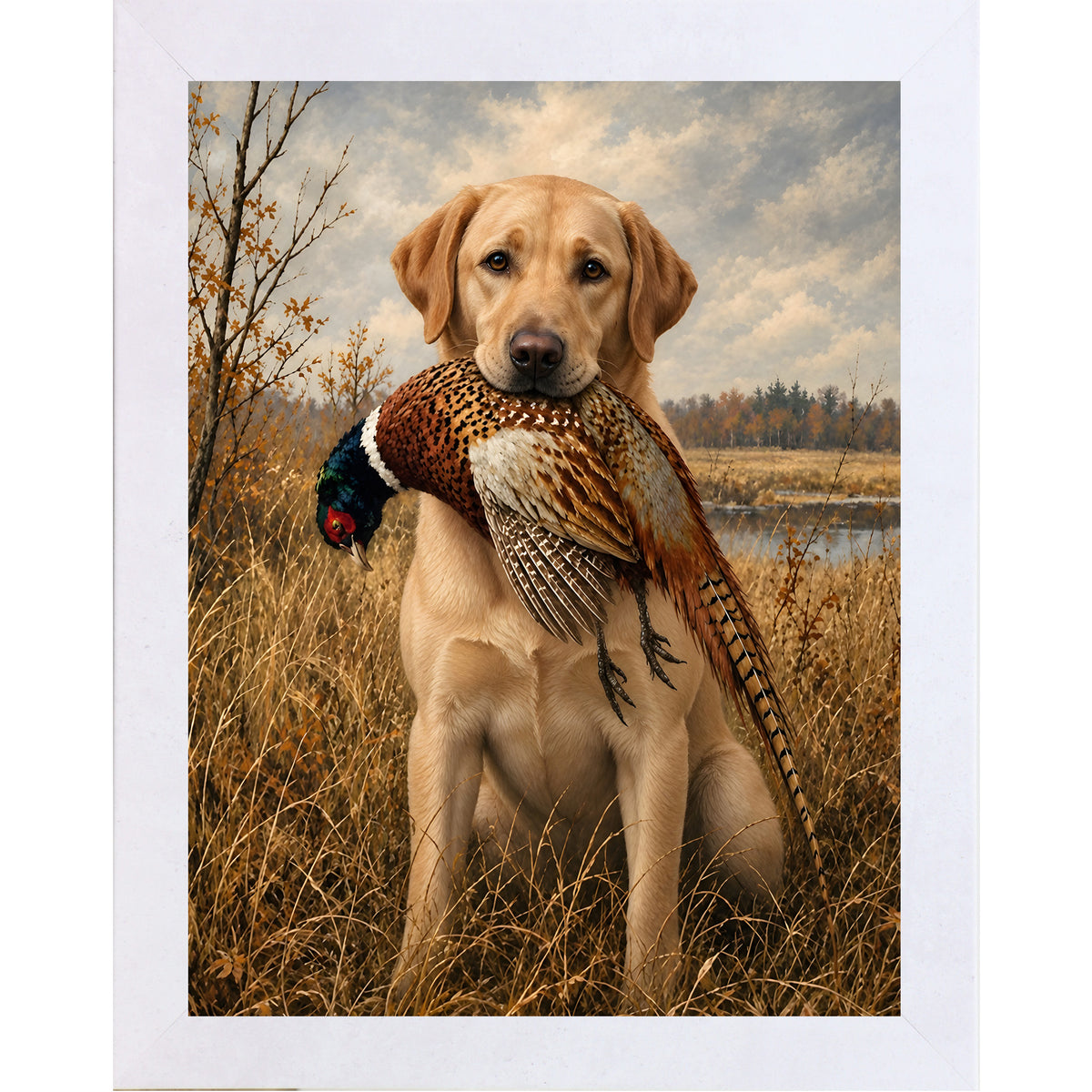 Terracotta White framed portrait heritage hunting dog wall art featuring a yellow Labrador holding a pheasant in a golden autumn field