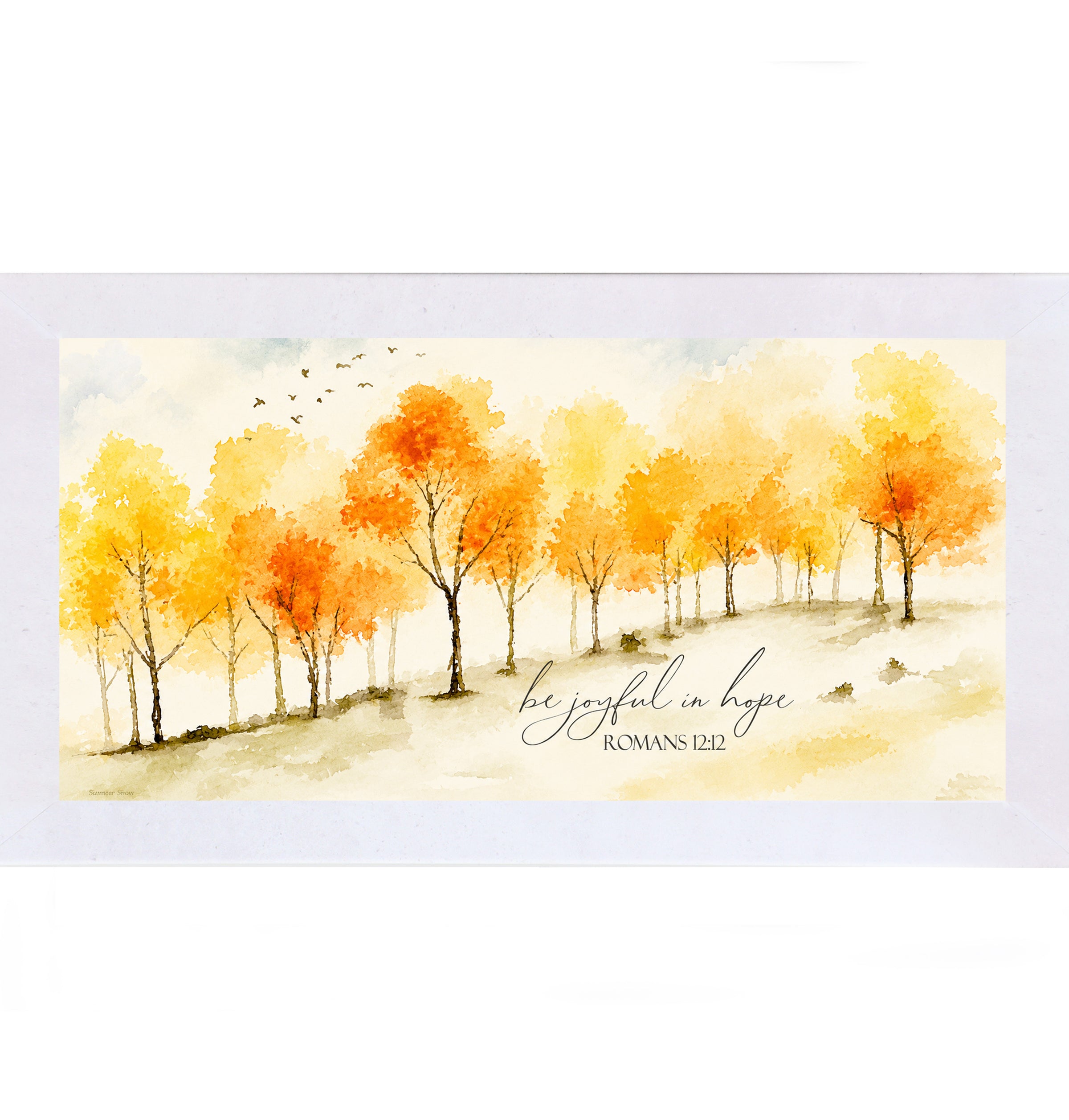 Terracotta White framed wide landscape Christian scripture wall art featuring watercolor golden orange and yellow autumn trees with birds in flight and the words Be Joyful In Hope Romans 12:12 in elegant script on warm cream background — SN704
