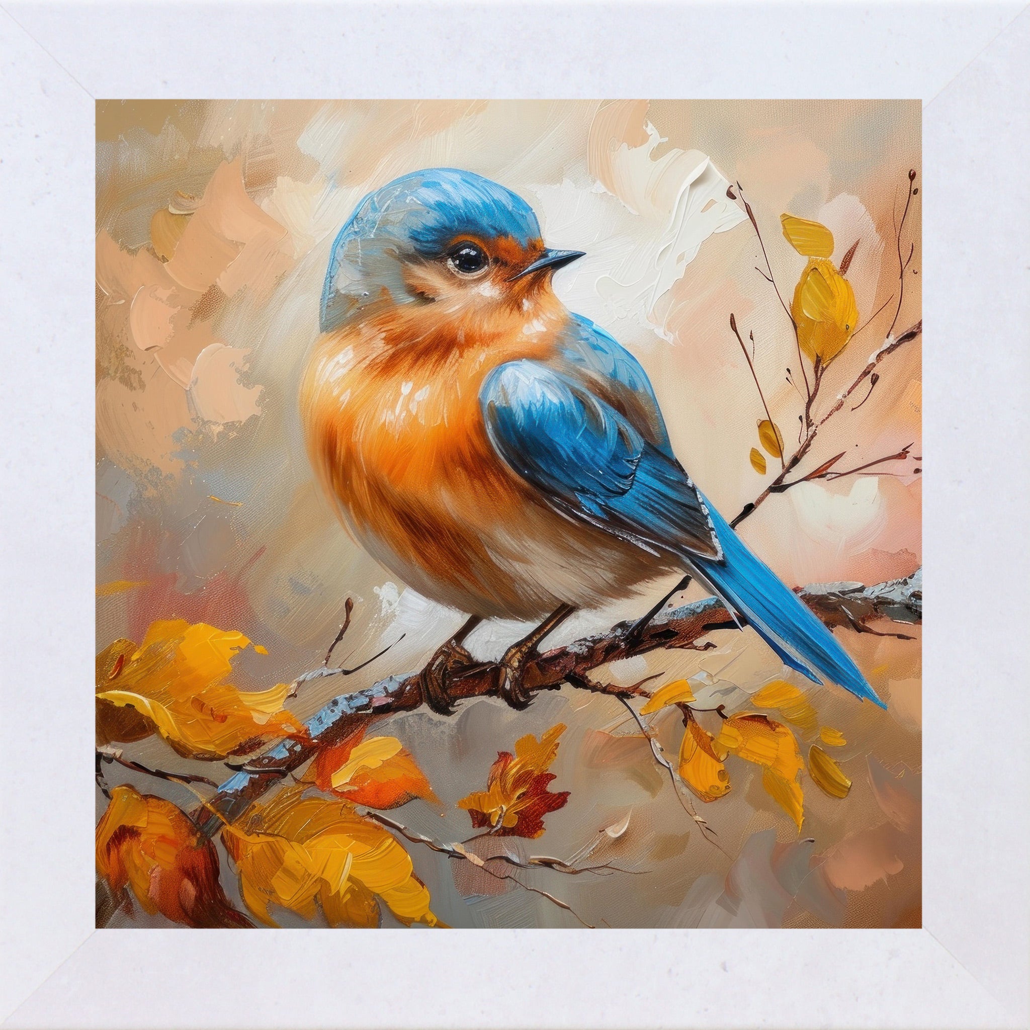 Terracotta White framed square bluebird autumn wall art featuring vivid blue orange and cream bluebird in oil painted impasto style perched on autumn branch with golden amber and rust fall leaves on warm peach background — NS27