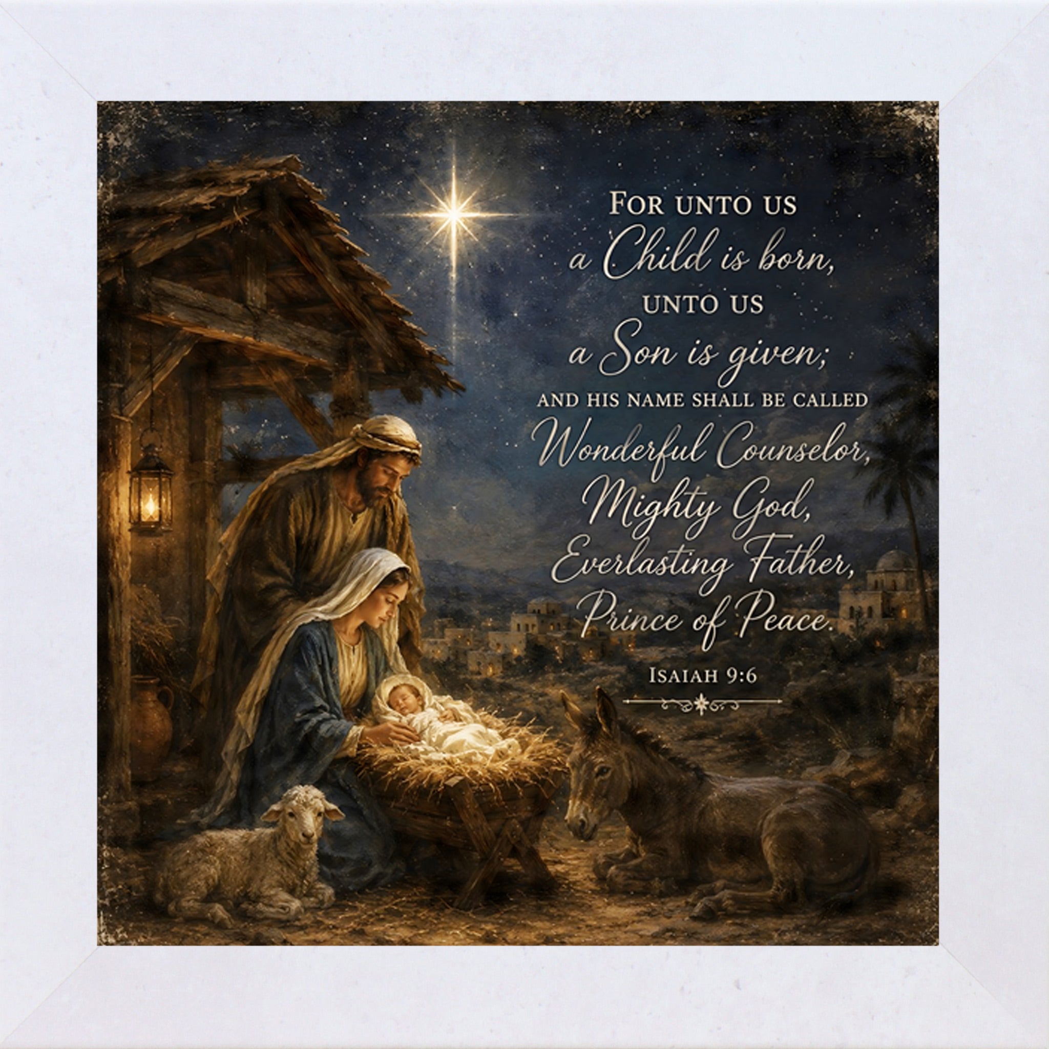 Terrcotta White framed square nativity Christmas wall art featuring Mary and Joseph at the manger under the Star of Bethlehem with Isaiah 9:6 scripture text