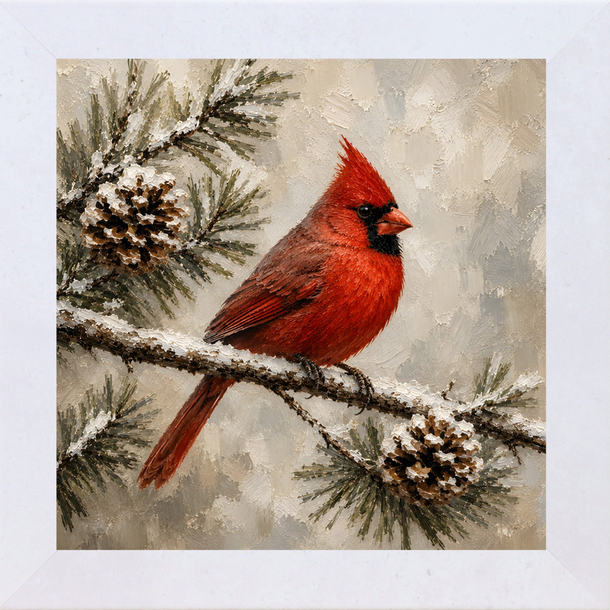 Terracotta White framed square painted winter wall art featuring a red cardinal perched on a snowy pine branch with pinecones
