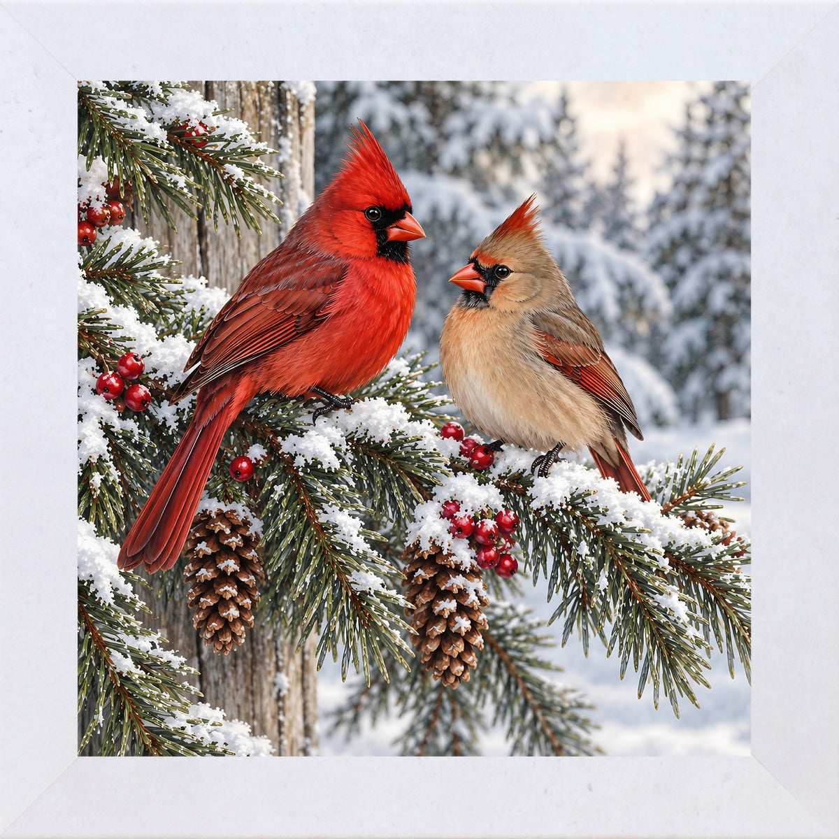 Terracotta White framed square winter cardinal wall art featuring a pair of red and tan cardinals perched on a snowy pine branch with pinecones and red berries