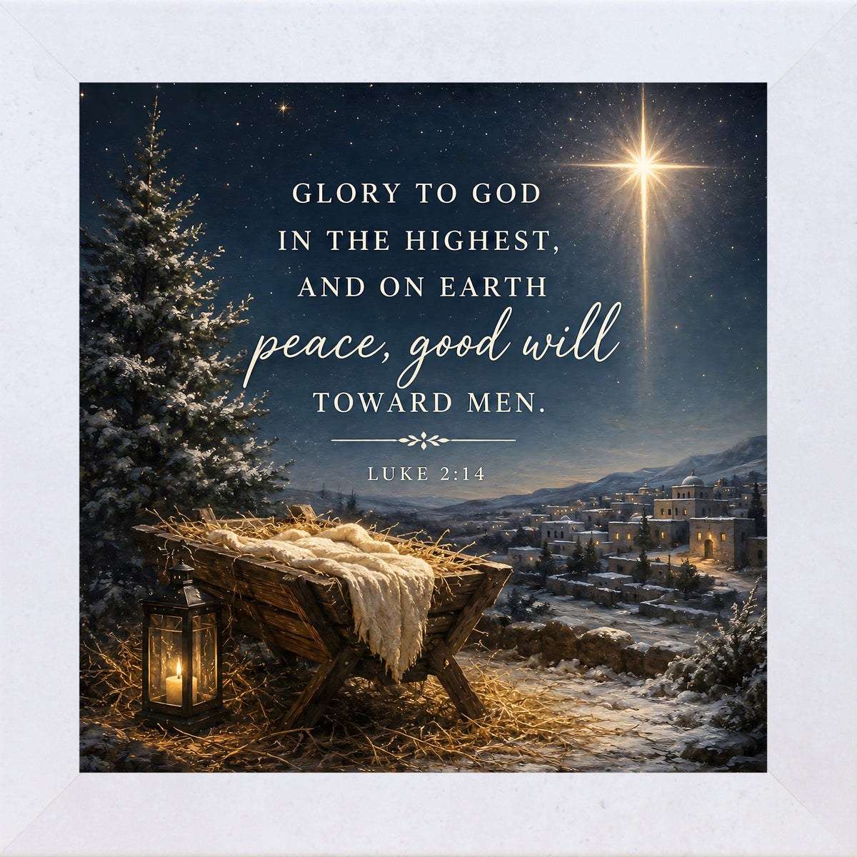 "Glory to God in the Highest nativity wall art in a terracotta white frame, featuring Luke 2:14 scripture, starry night sky, and snowy pine tree"