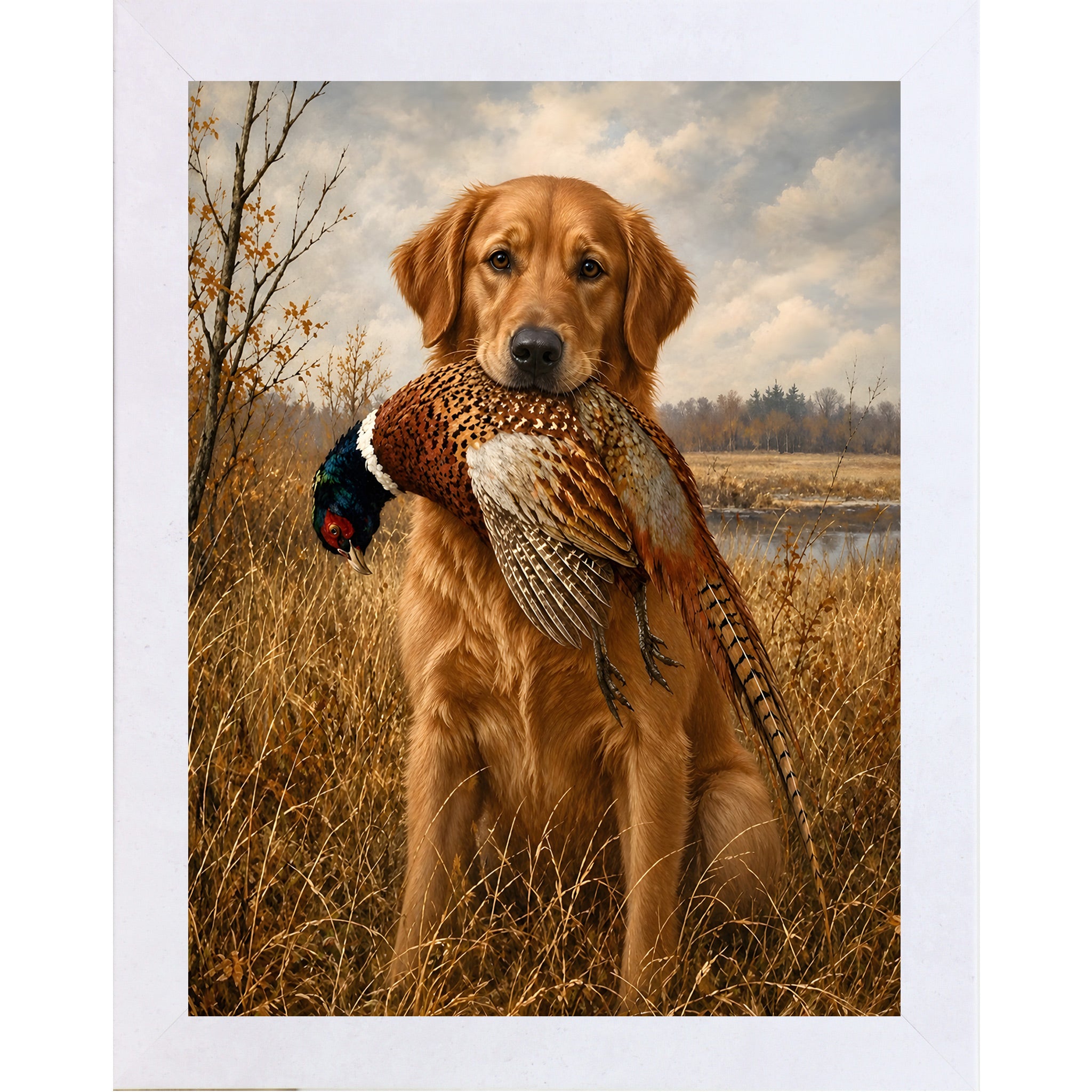 Terracotta White framed portrait heritage hunting dog wall art featuring a golden retriever holding a pheasant in a golden autumn field