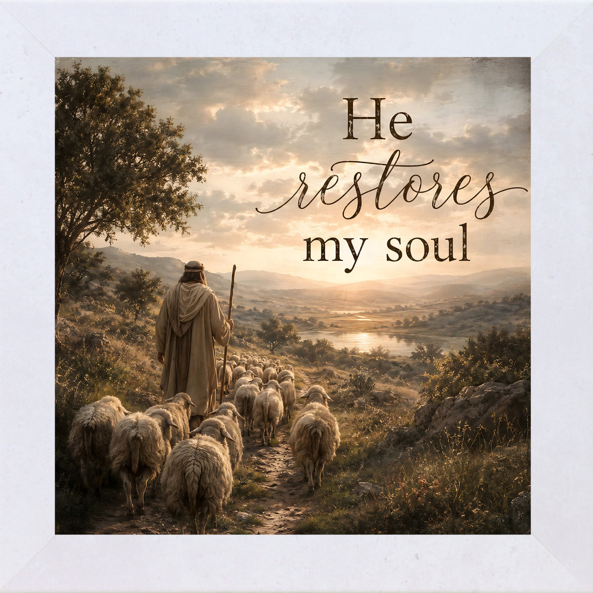 Terracotta White framed square Christian wall art featuring a shepherd leading a flock of sheep down a golden hillside toward a river valley with the words "He Restores My Soul"