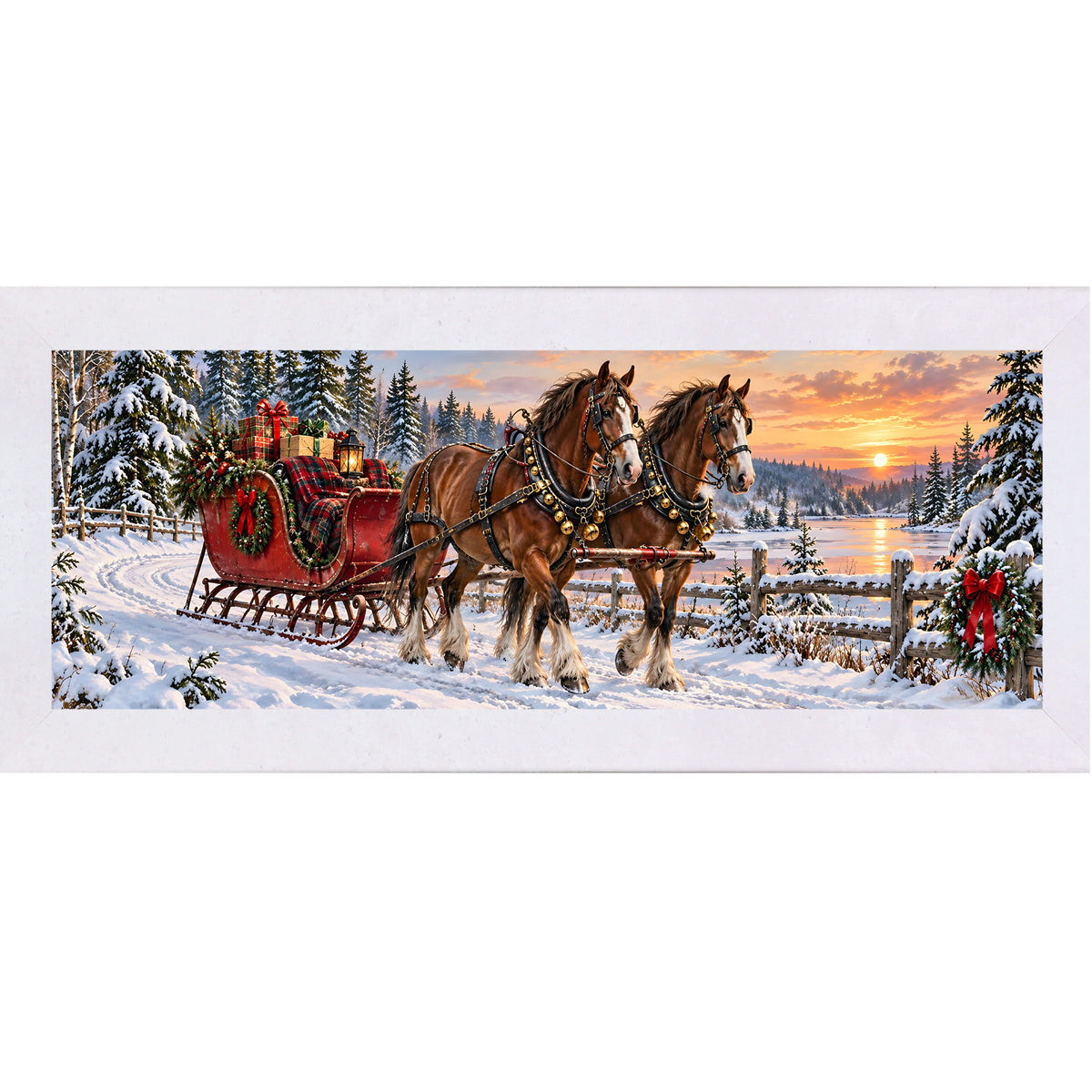 Horse-drawn sleigh wall art in terracotta white frame, horses and sleigh in snow