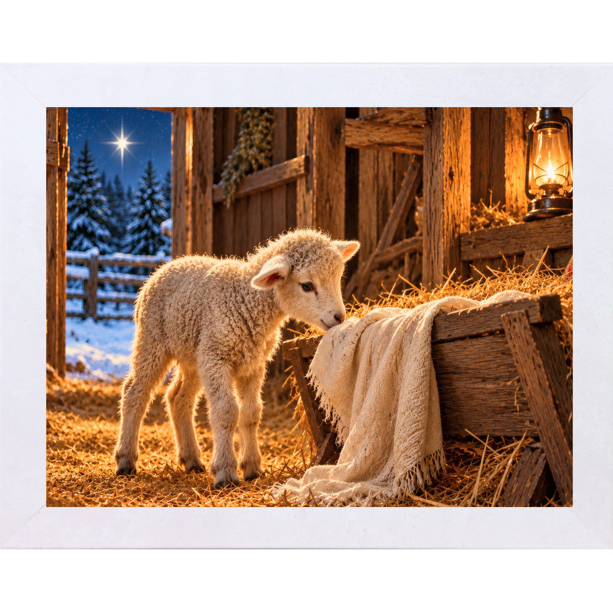 Terracotta White framed landscape nativity wall art featuring a newborn lamb beside a wooden manger with hay, a lantern, and the Star of Bethlehem over snowy pines