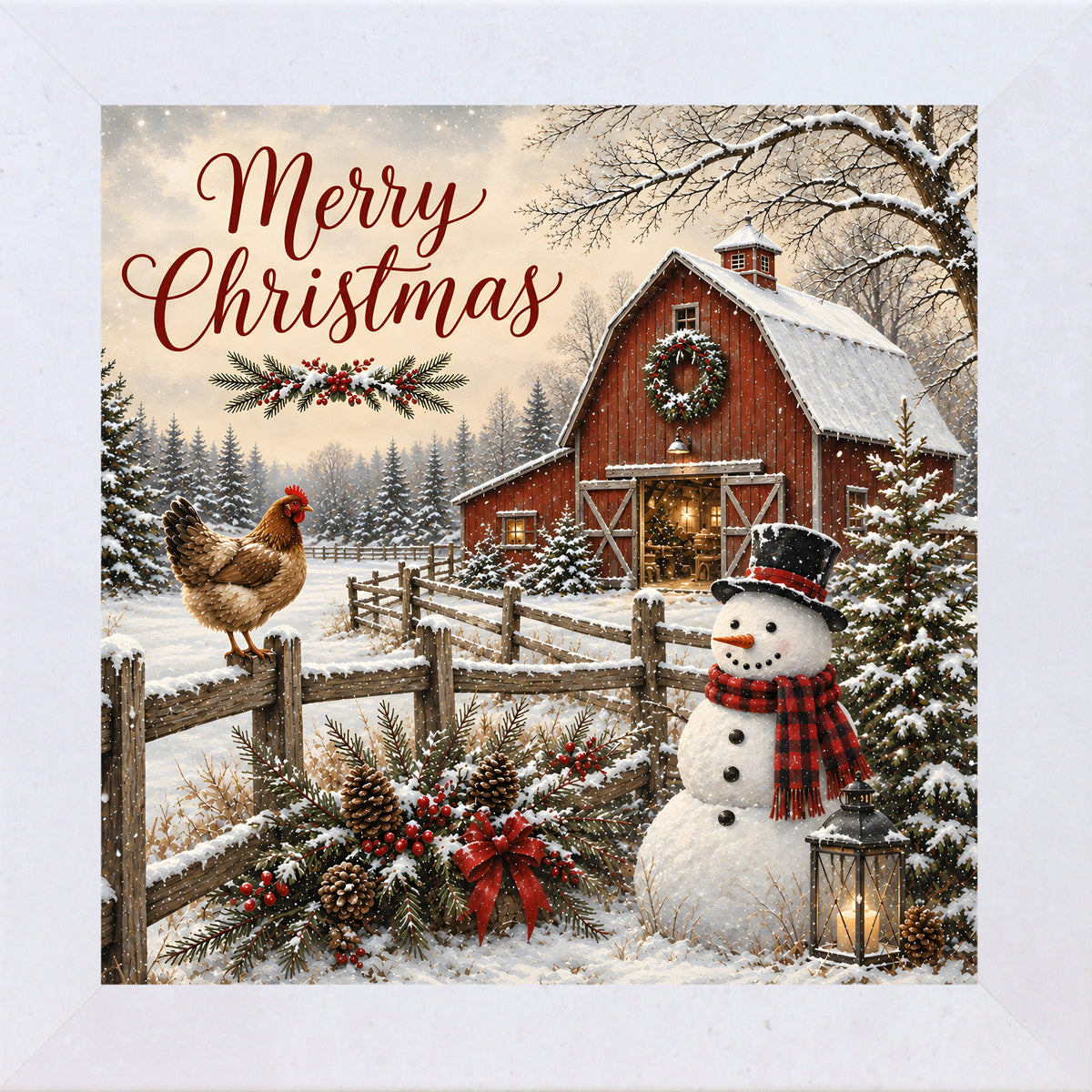 Terracotta White framed square Christmas wall art featuring a snowman and hen beside a red barn with the words "Merry Christmas"