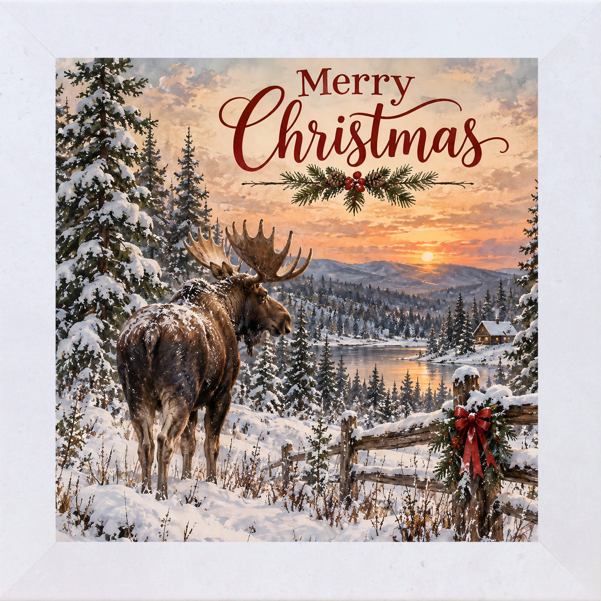 Terracotta White framed square Christmas wall art featuring a moose beside a frozen lake at sunset with the words "Merry Christmas"