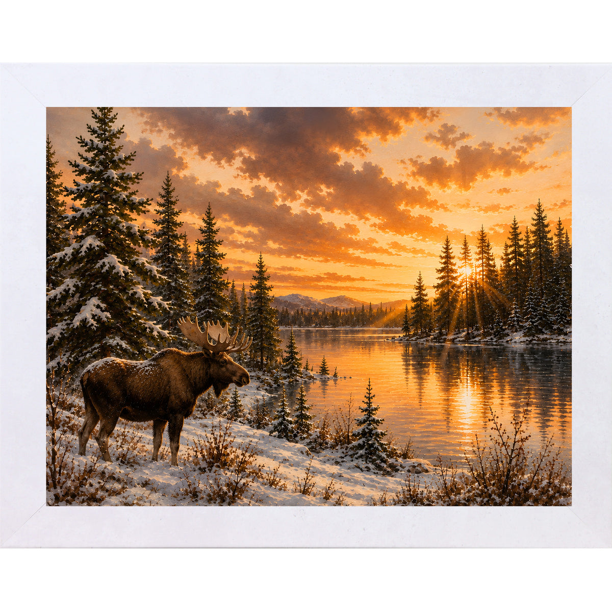 Terracotta White framed landscape wall art featuring a moose standing along a sunlit snowy lakeshore at golden hour