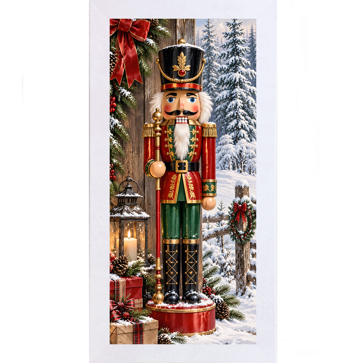 Nutcracker soldier wall art in terracotta white frame, tall nutcracker Christmas scene