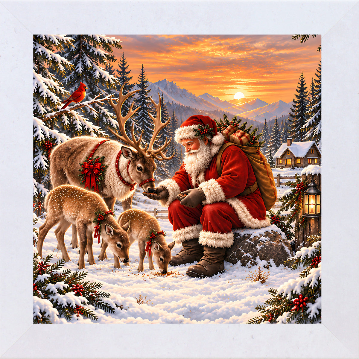 Santa feeding his reindeer wall art in terracotta white frame, Christmas village sunset
