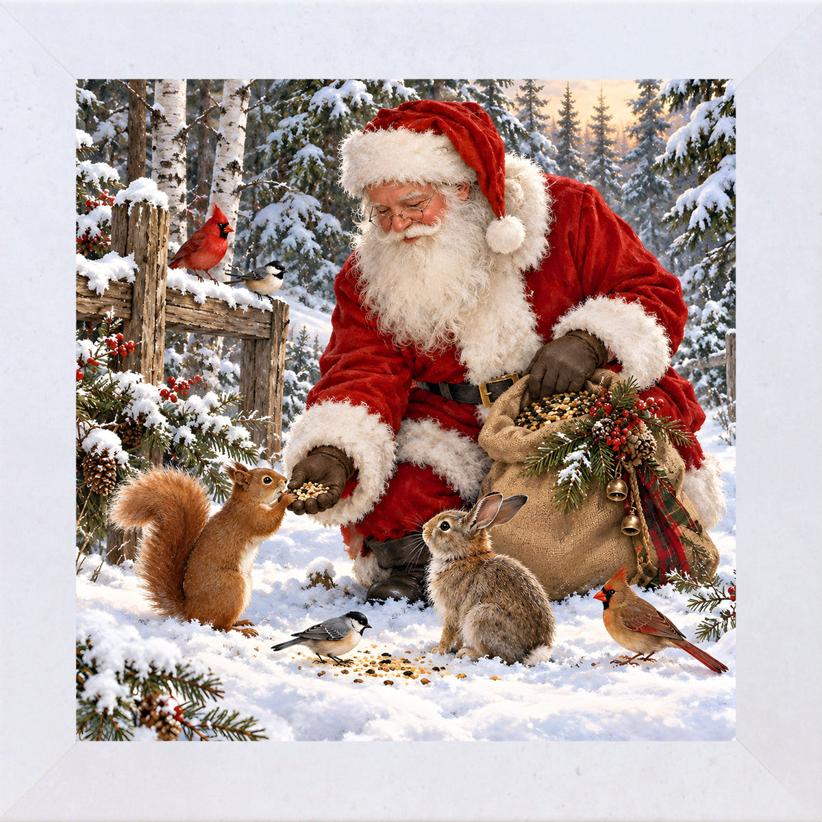 Terracotta White framed square Santa Claus Christmas wall art featuring Santa feeding a squirrel, rabbit, chickadee, and cardinal in a snowy forest