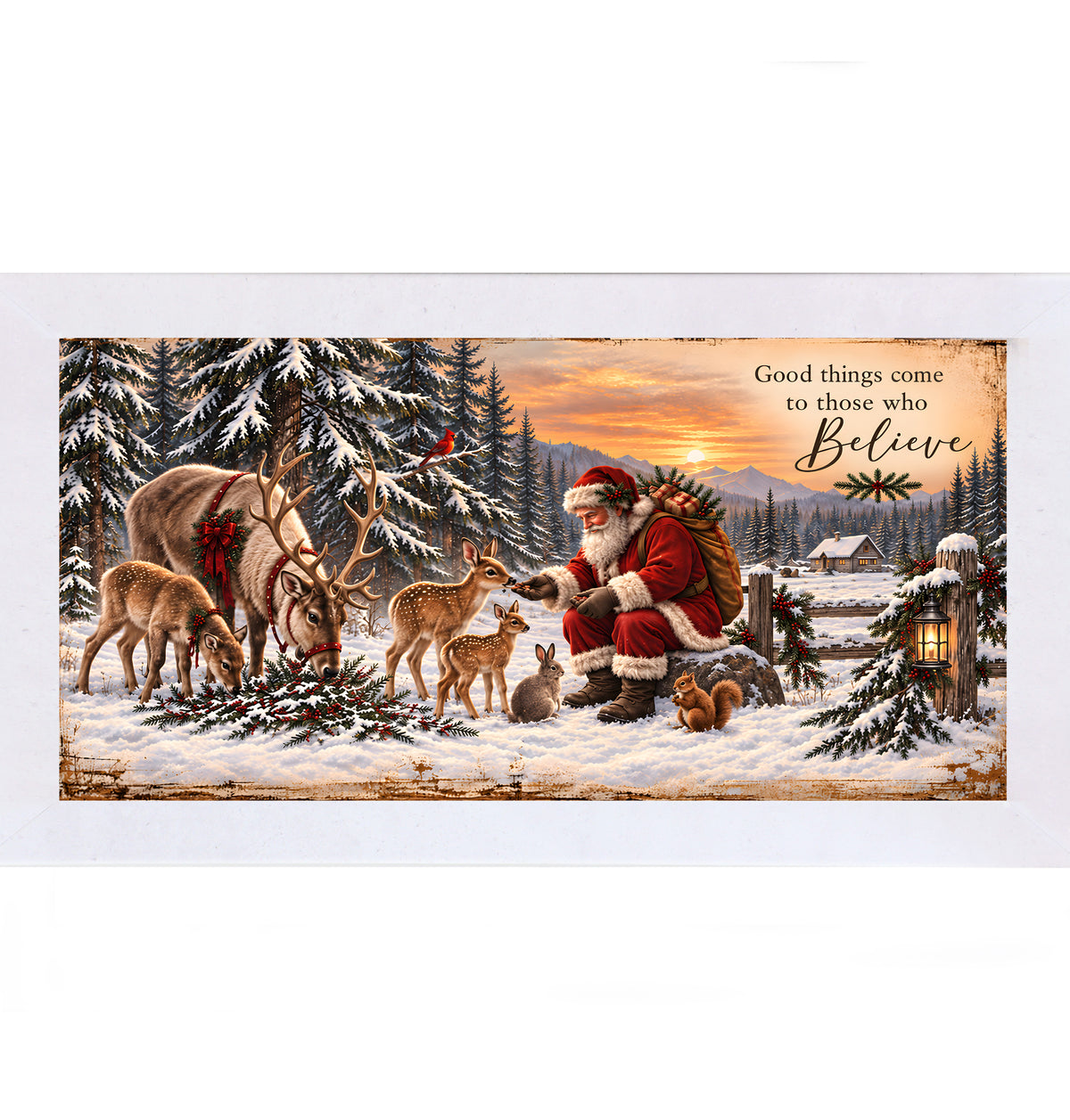 Santa feeding the animals wall art in terracotta white frame, Santa feeding fawns and rabbit in snow