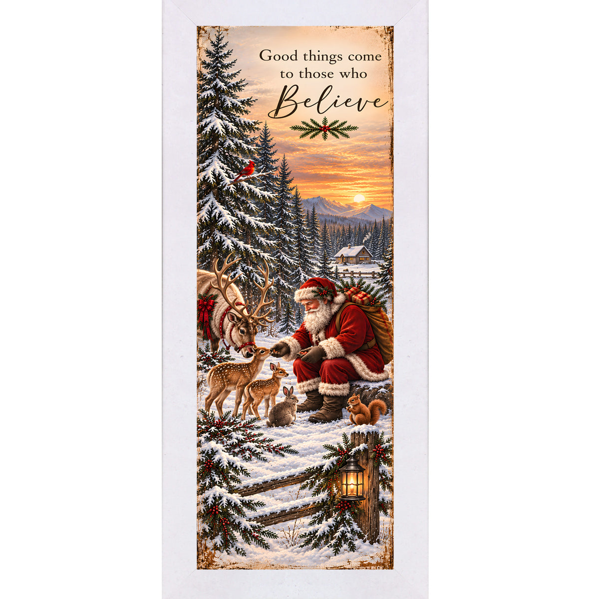 Santa feeding the animals wall art in Terracotta White frame, Santa feeding animals in snow