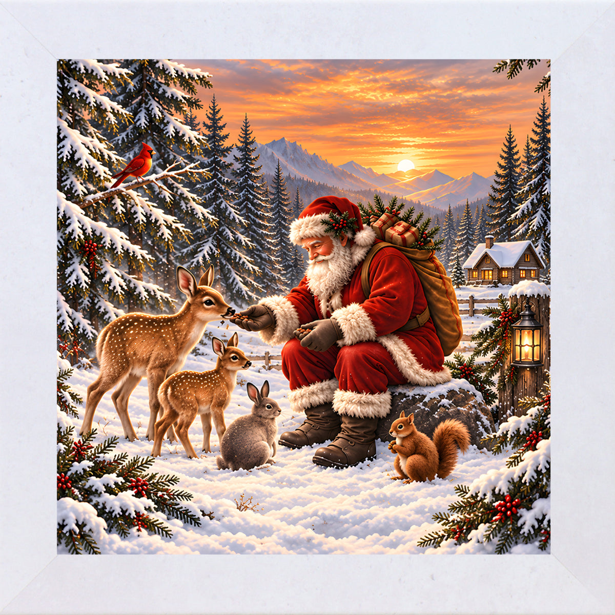 Santa feeding forest animals wall art in terracotta white frame, Christmas village sunset