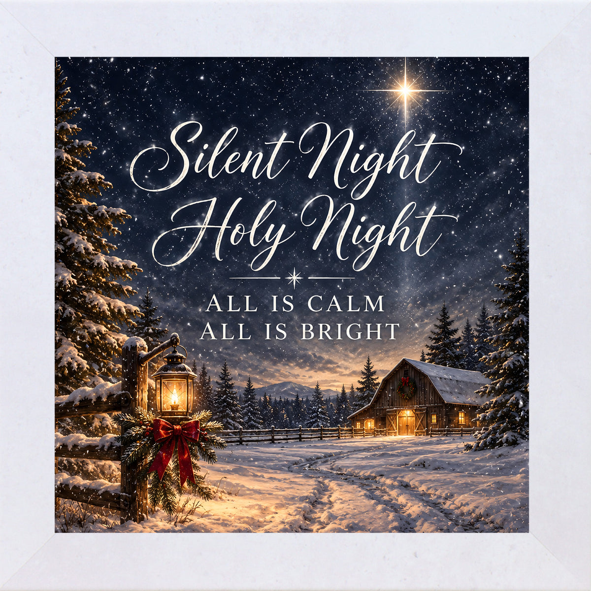 "Terracotta White framed square Christmas wall art featuring a snowy barn, lantern, and Star of Bethlehem with the words Silent Night Holy Night"