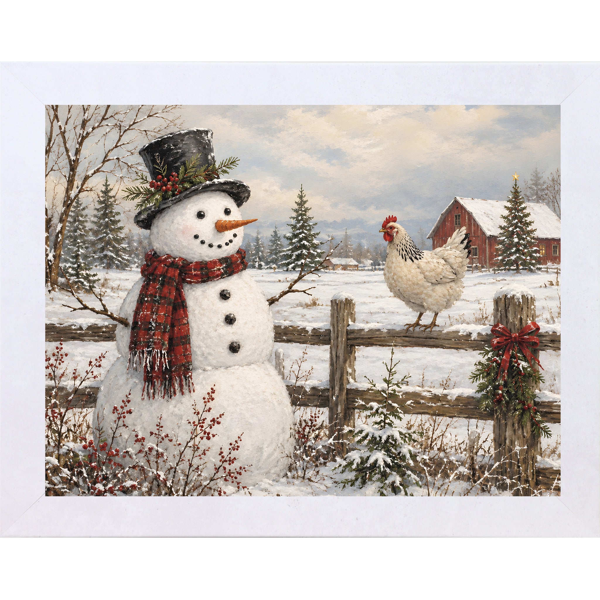 Terracotta White framed landscape rural winter wall art featuring a snowman in a top hat and a hen perched on a fence in front of a red barn