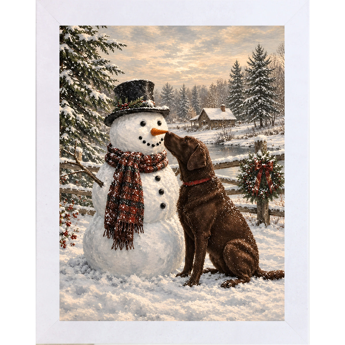 Terracotta White framed portrait heritage Christmas wall art featuring a chocolate Labrador nosing a top-hatted snowman in a plaid scarf against a snowy countryside scene