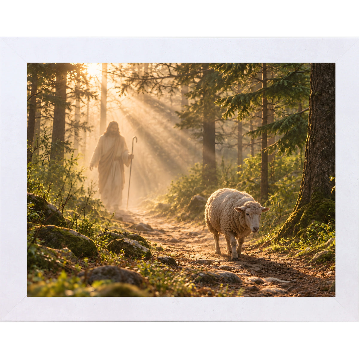 Terracotta White framed landscape Christian wall art featuring Christ walking a sunlit forest path with a sheep following behind