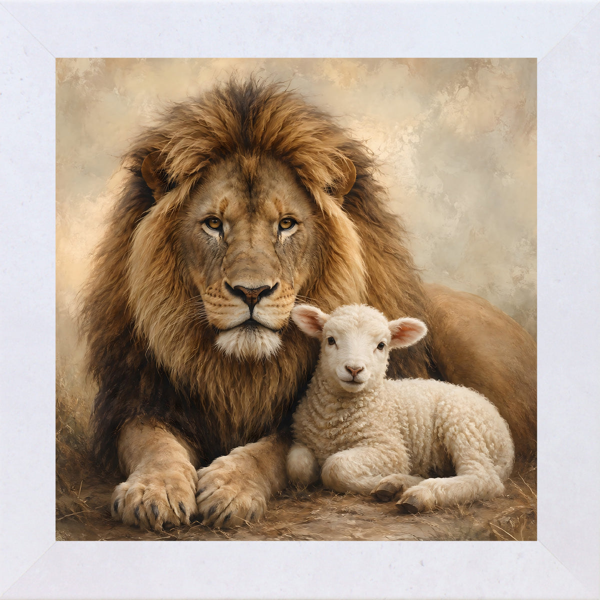 Terracotta White framed square Christian wall art featuring a majestic lion resting protectively beside a peaceful lamb