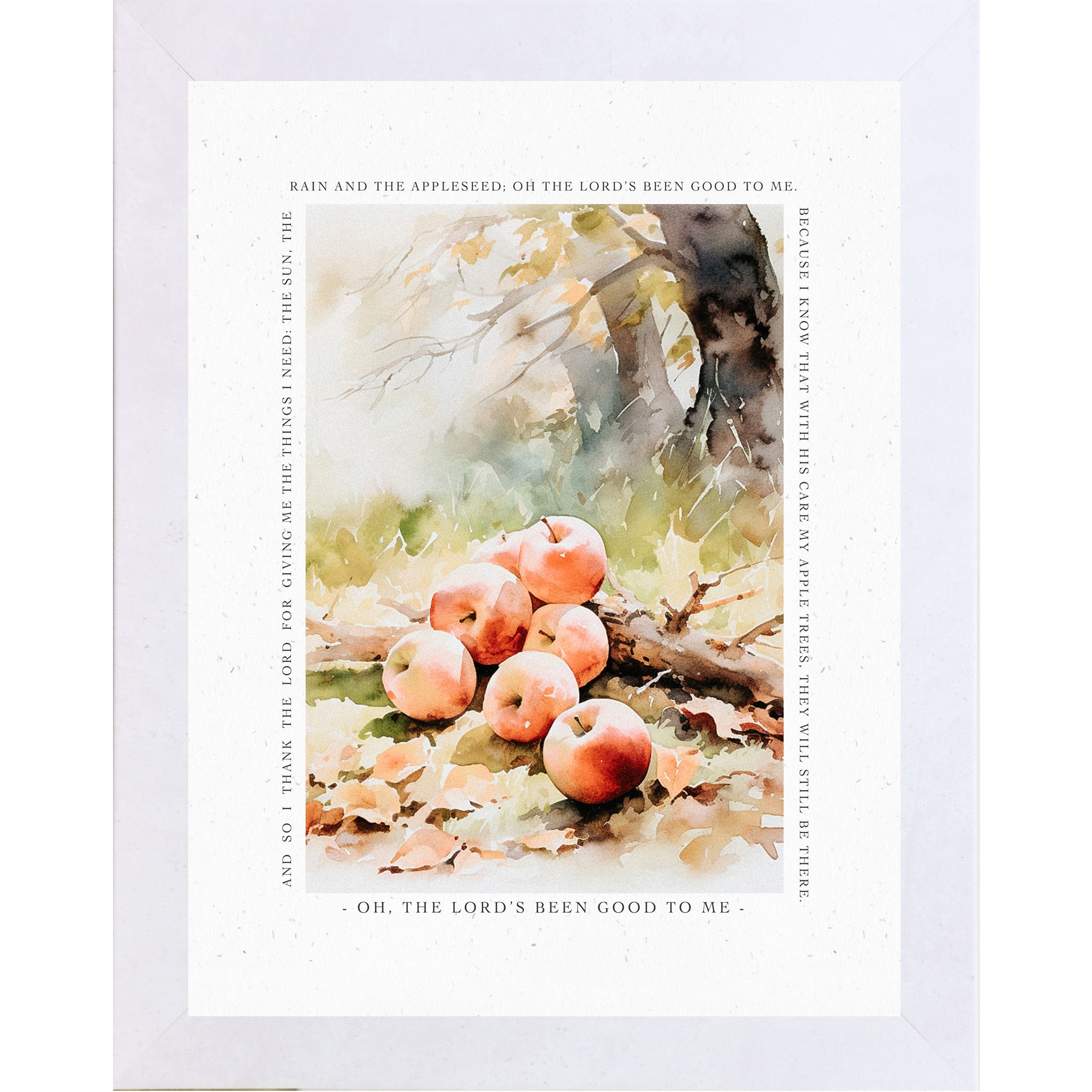 Terracotta White framed portrait Christian fall wall art featuring watercolor red apples under autumn tree on golden fall leaves surrounded by complete Johnny Appleseed prayer border — Oh The Lord's Been Good To Me — SN396