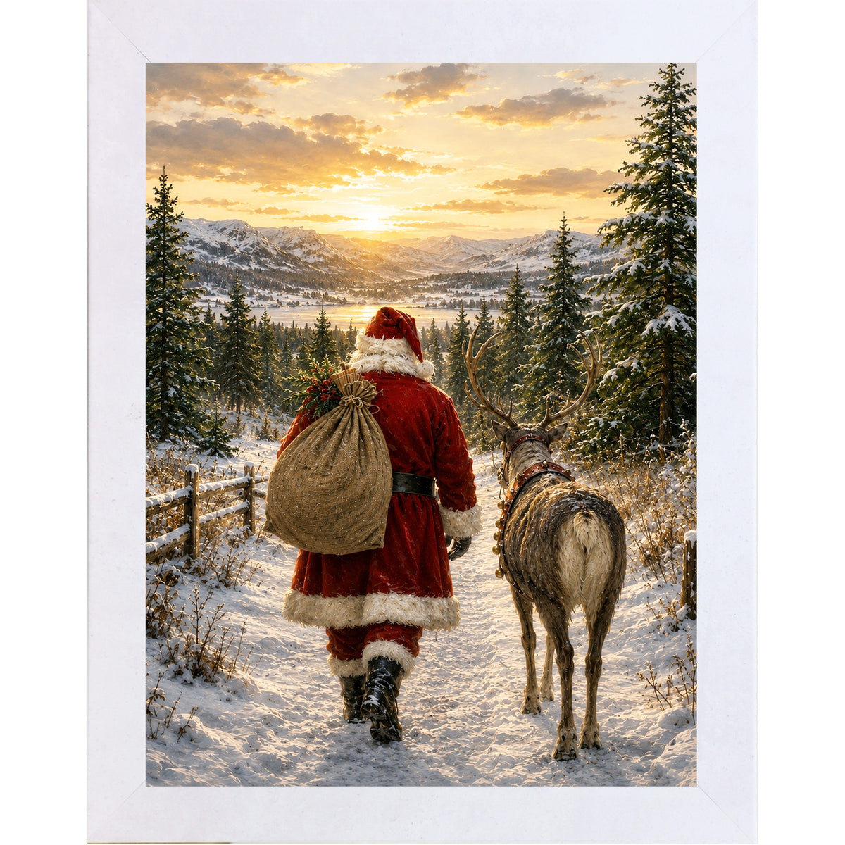 Terracotta White framed portrait heritage Christmas wall art featuring Santa walking a snowy mountain path at sunrise beside a reindeer