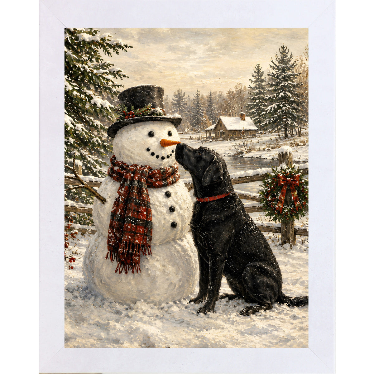 Terracotta White framed portrait heritage Christmas wall art featuring a black Labrador nosing a top-hatted snowman in a plaid scarf against a snowy countryside scene
