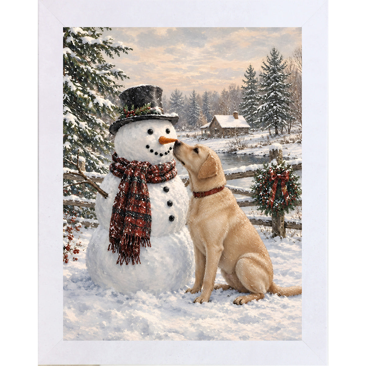 Terracotta White framed portrait heritage Christmas wall art featuring a yellow Labrador nosing a top-hatted snowman in a plaid scarf against a snowy countryside scene