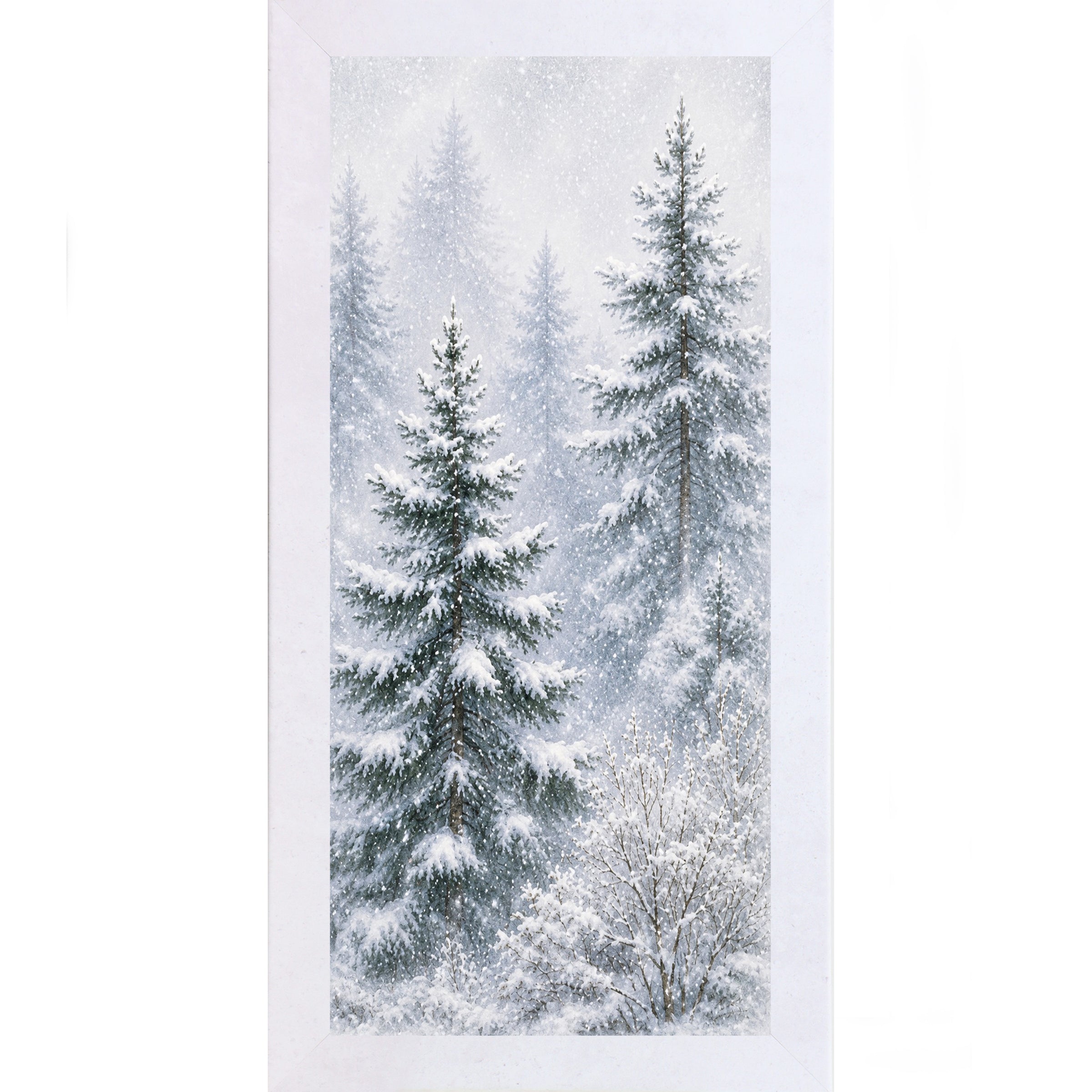 Terracotta White framed narrow portrait watercolor winter wall art featuring a snowy pine forest with two tall evergreens leaning right through falling snow