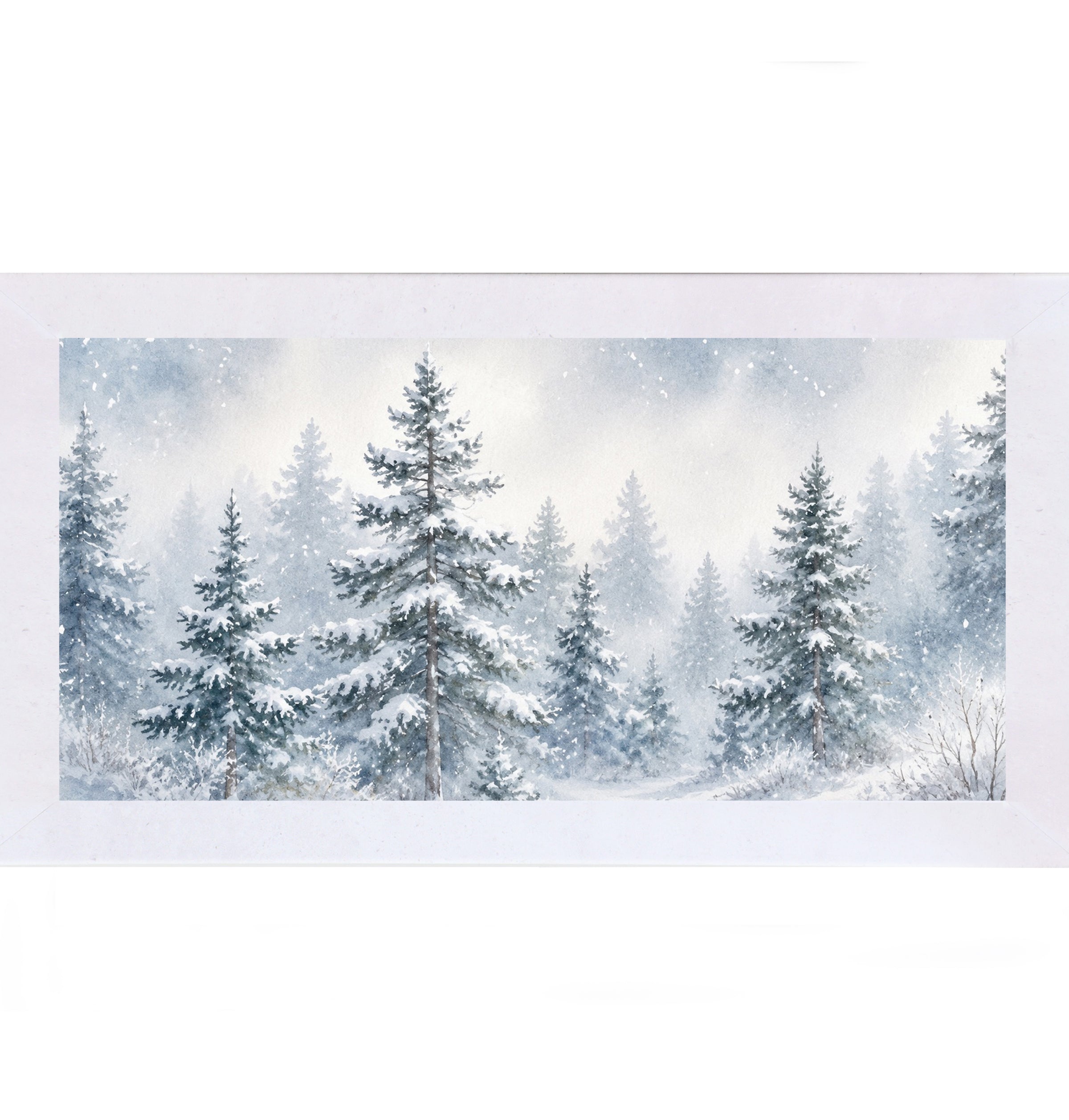 Terracotta White framed wide landscape watercolor winter wall art featuring a full panoramic view of snow-covered pine trees