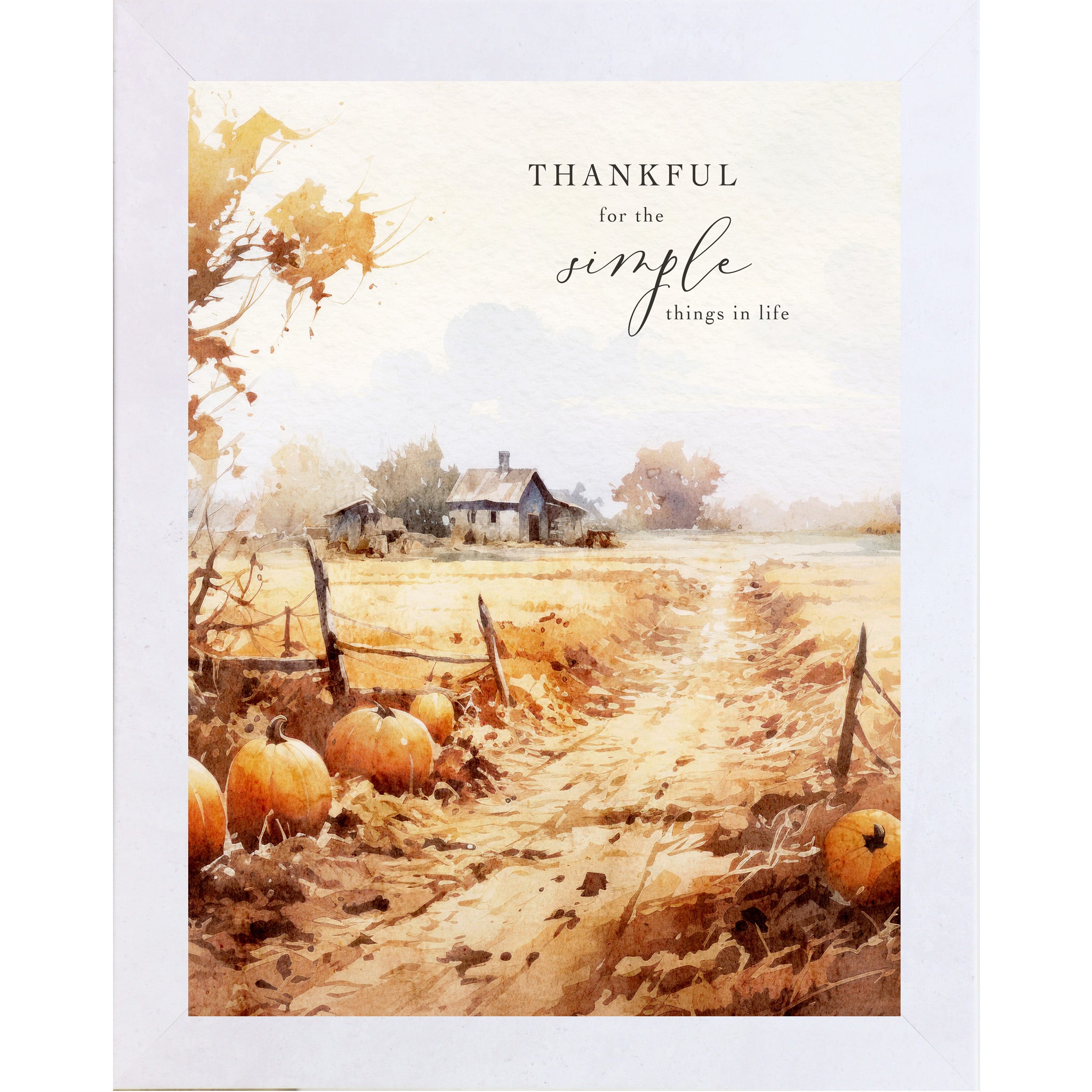 Terracotta White framed portrait fall wall art featuring watercolor pumpkin field with golden lane split-rail fence and distant farmhouse in warm amber and rust tones with the words Thankful for the Simple Things in life in elegant mixed typography — SN389