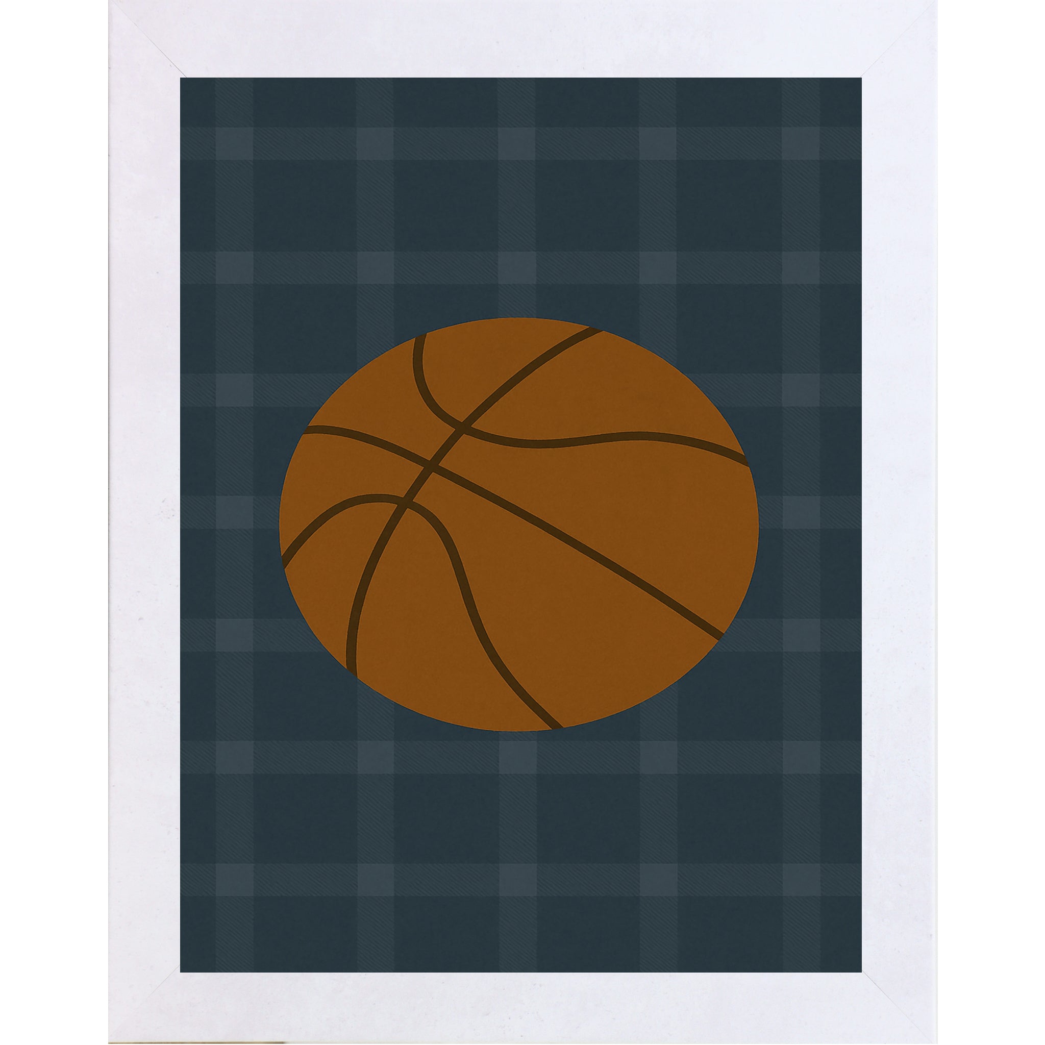 Terracotta White frame color of Basketball wall art featuring a large basketball illustration on a blue green plaid background designed for boys sports rooms or basketball themed nurseries.